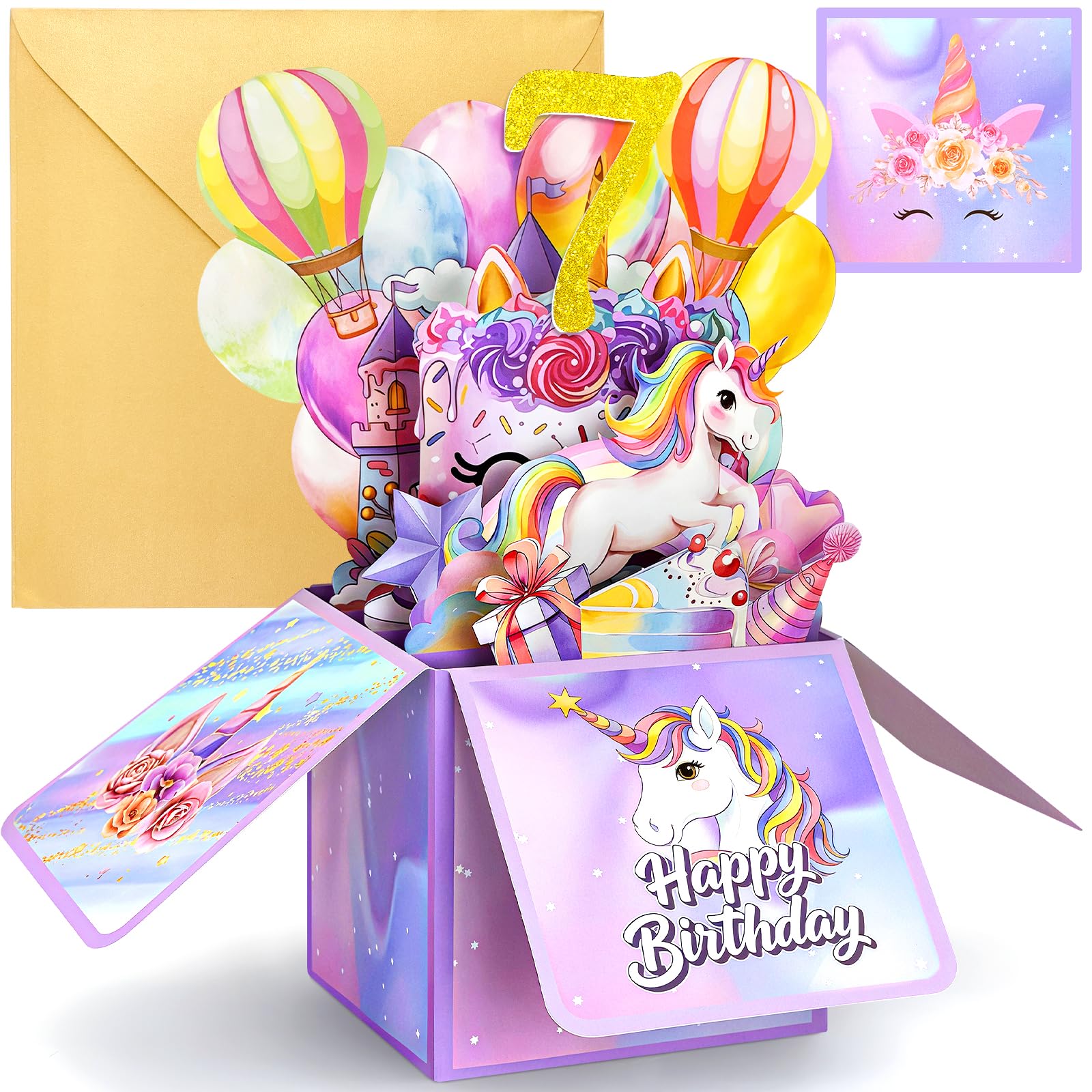 YianHien 7th Birthday Card Girl, Pop Up & Unicorn Birthday Design, 7 Year Old Girls Gifts, Age 7 Happy Birthday Card with Princess Castle, Rainbow Balloons & Unicorn Cake