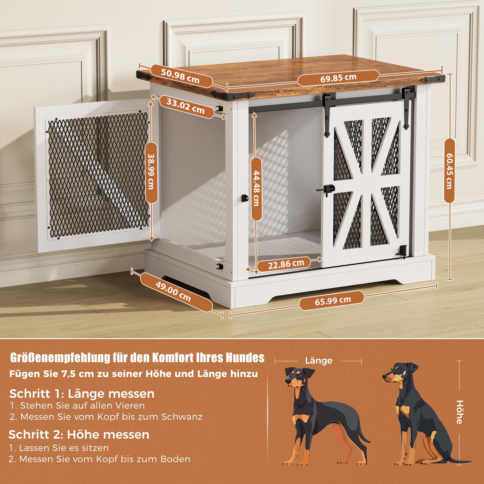 Hundekäfig, 73 cm Hundebox, Dreitüriger Hundekäfig für zu Hause, Schiebetür, Modernes Holz-Hundehäuschen, Geeignet für Kleine Hunde und Welpen, Verstärktes Design, Größe: 73x51x60 cm, Weiß