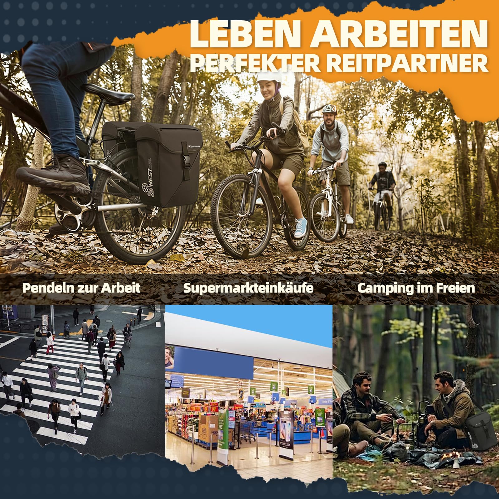 Fahrradtasche für Gepäckträger – 35L Große Kapazität, Reflektierend, leicht zu reinigen, mit Laptopfach & extra Reißverschlusstasche, Gepäckträgertasche für E-Bike MTB & Citybike (Black)