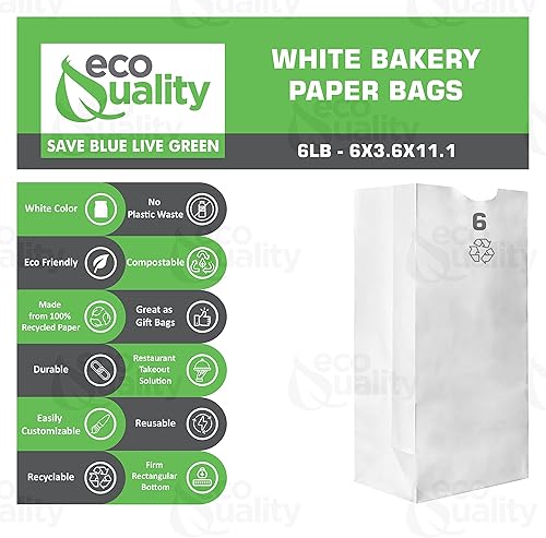 Miniatura 2 de EcoQuality - Bolsas de almuerzo de papel blanco de 6 libras, capacidad de 6 libras, bolsas de papel blanco kraft, bolsas de panadería, bolsas de