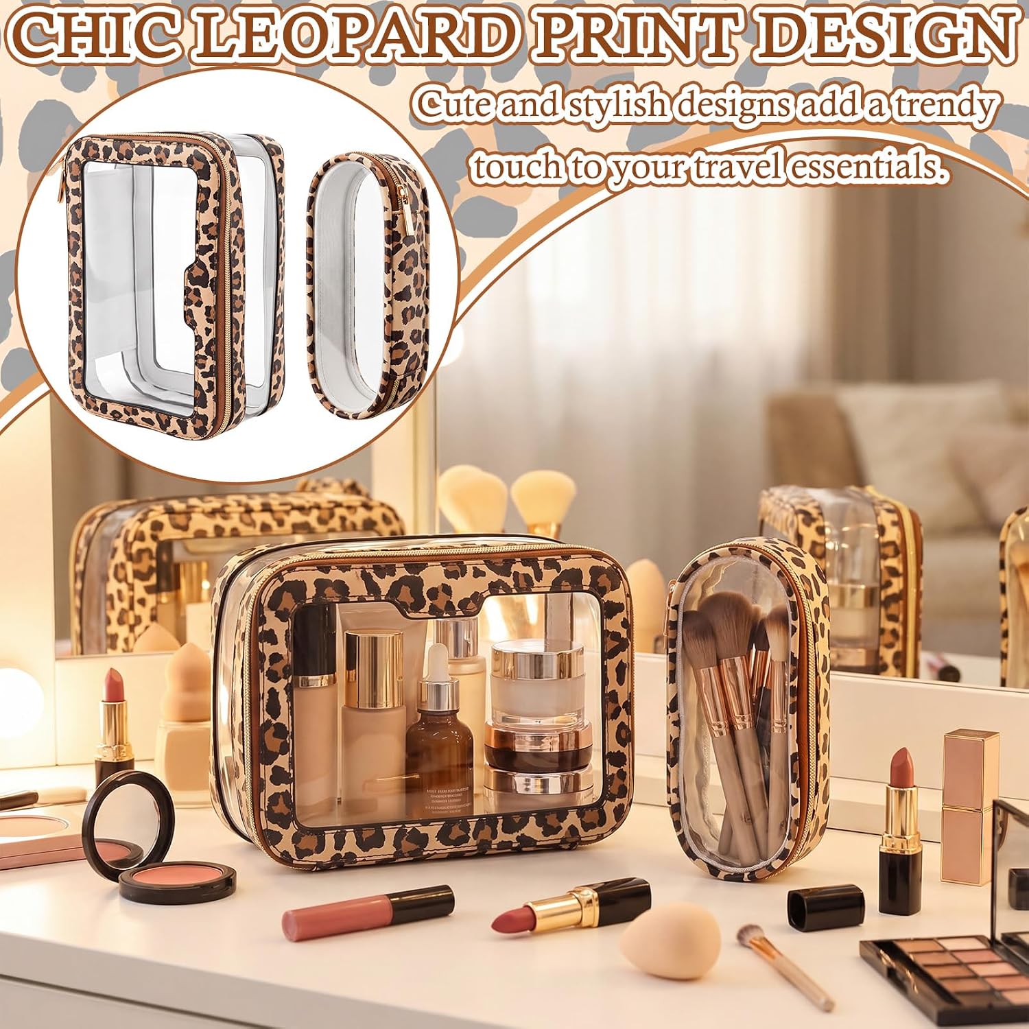 2 Pcs Cheetah Makeup Bags with Large Clear Travel Toiletry Bags with Leopard Makeup Brush Pouch Portable Waterproof Cosmetic Organizer Storage Case for Women