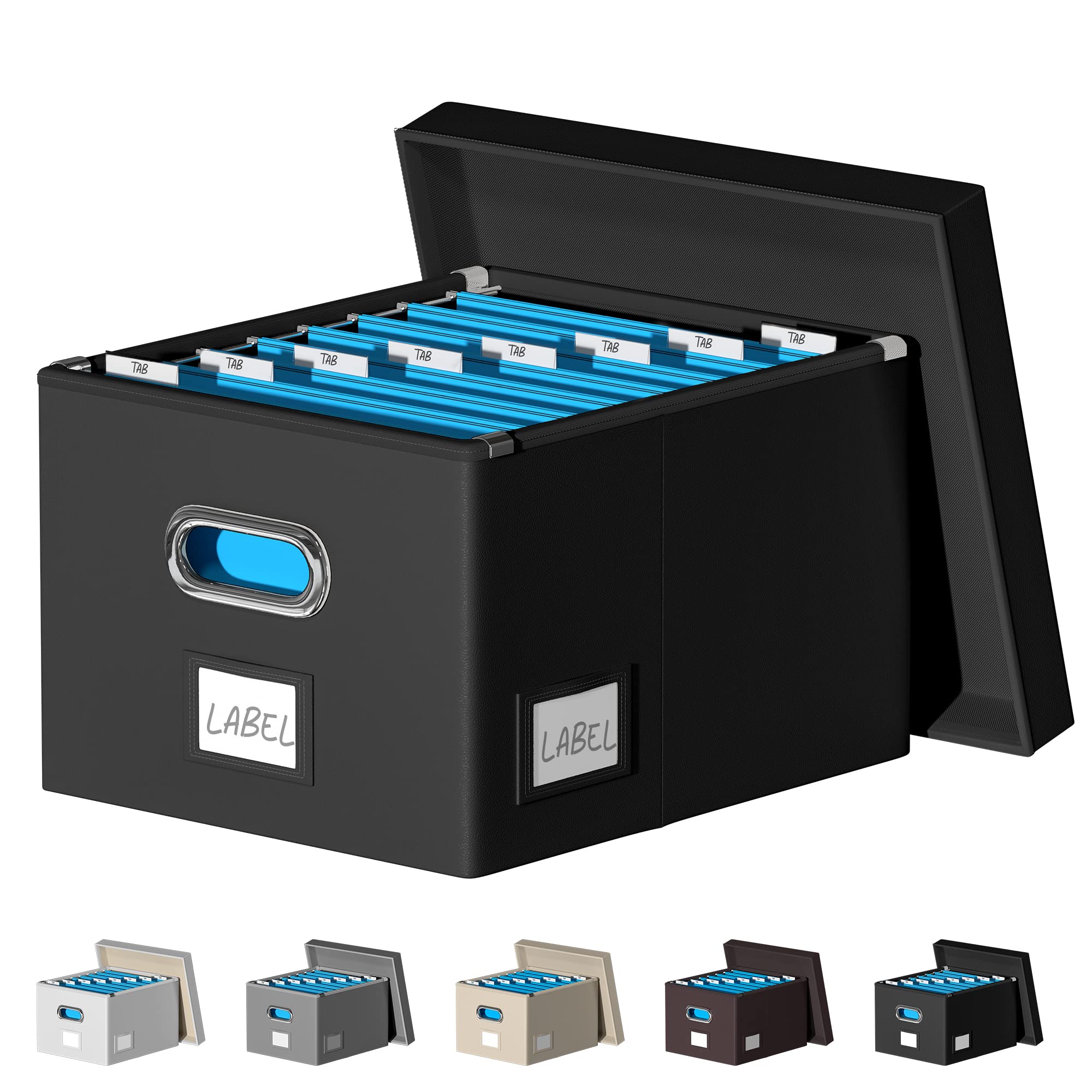 DYWMM File Storage Organizer Box, Hanging Folder Organizer Box with Lid, Collapsible Portable Filing Boxes for Faux Leather (16.7 x 13.6 x 11.2 inches, Black)