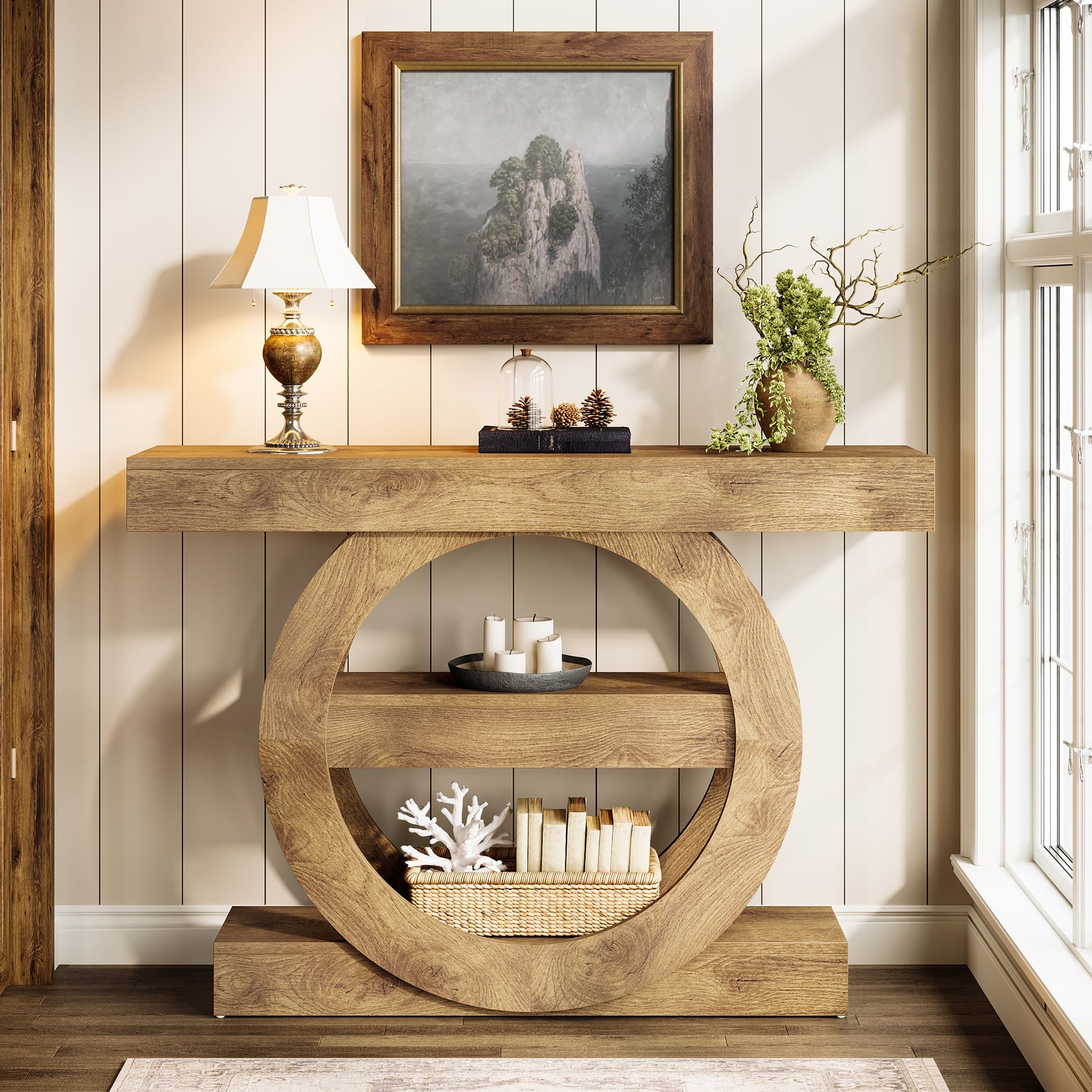 Tribesigns Table Console étroite pour canapé, 105 x 30 x 80 cm, Table d'entrée à 3 Niveaux, Console Meuble avec Rangement pour Couloir, Salon, Bureau et Chambre à Coucher, Marron (Brun Clair)