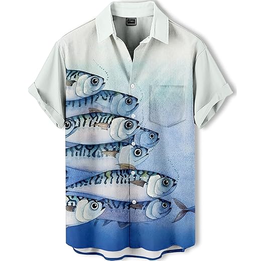 Men's Hawaiian Shirt, Artistic Funny Animal Print, Short Sleeve Vacation Shirt, Tropical Casual Beach