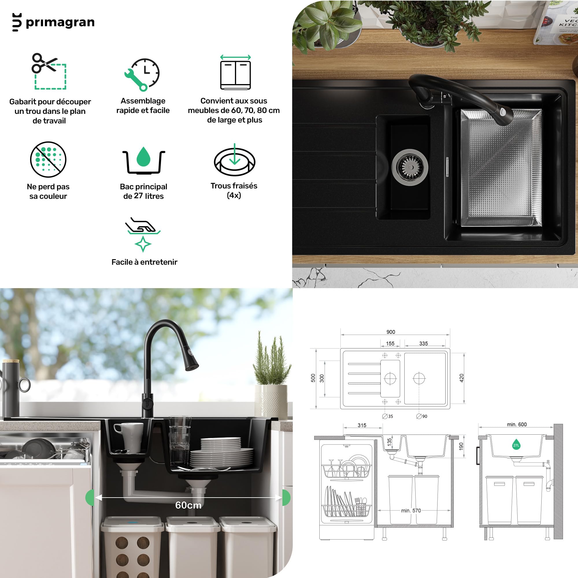 PRIMAGRAN Evier Cuisine en Granit Tout Beige - Copenhague Duo, 90x50cm | Lavabo 1,5 bacs + Kit de Vidage, Évier à Encastrer au Meuble 60cm (S010)