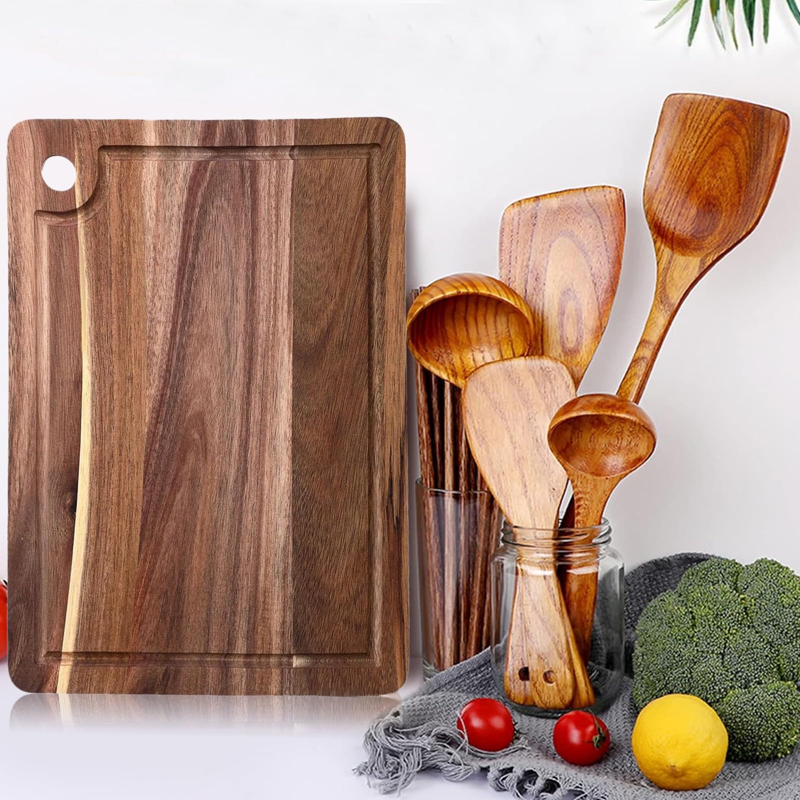 6er Set Schneidebretter aus Holz, Schneidebrett aus Akazienholz mit Saftrille, 1,5 cm Dicke, Küchen-Hackbrett aus Holz für Fleisch, Käse, Obst und Brot, 35 × 25 cm