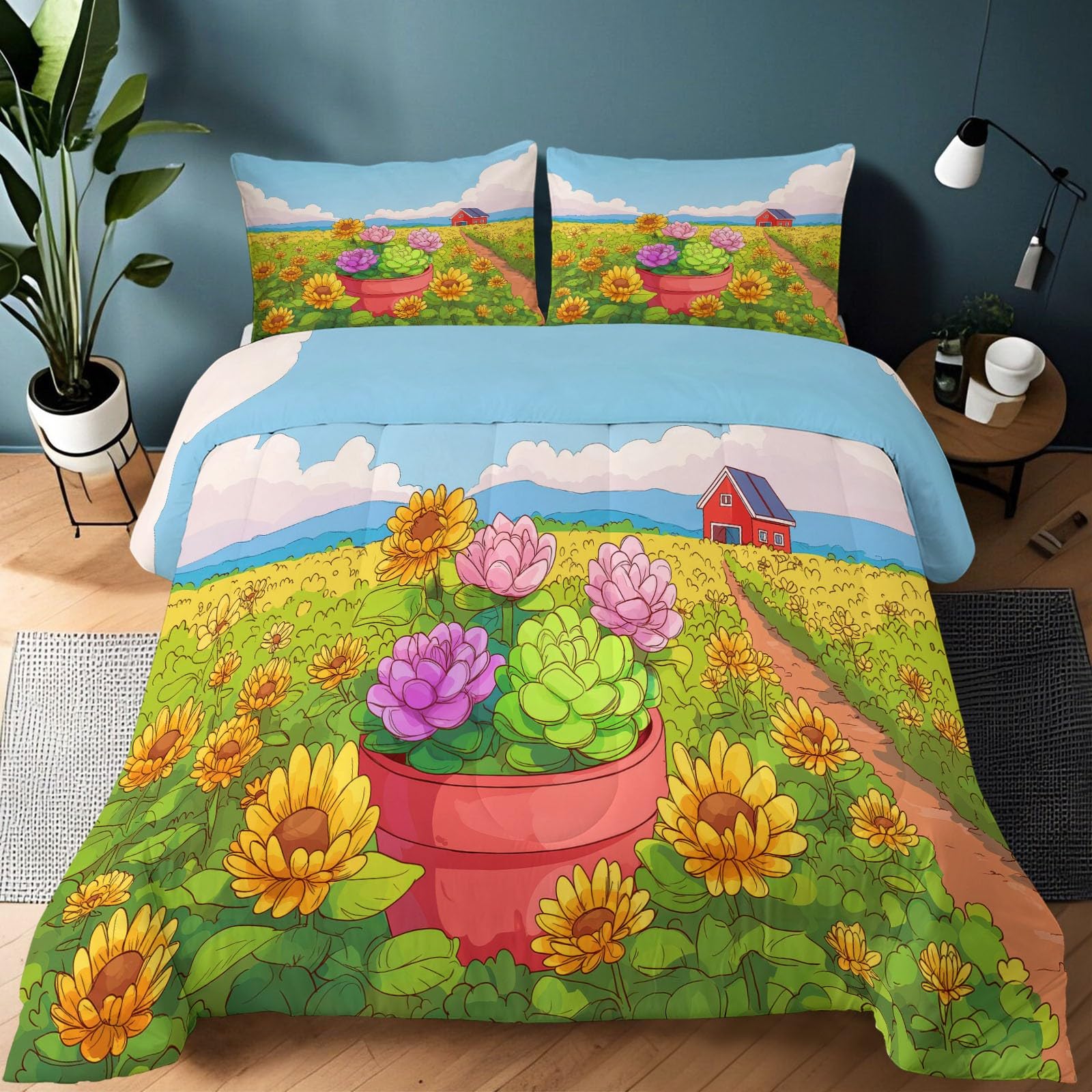 Couette 160x200 cm 4 saisons pour 2 personnes imprimé tournesols vert