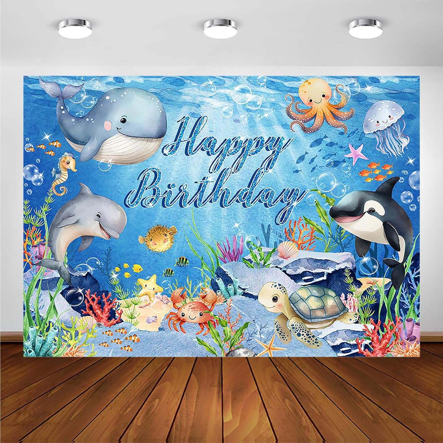 Avezano Under The Sea Birthday Backdrop Ocean Animal Happy Birthday Party Decorations Dolphin Shark Underwater Blue Party Banner Supplies for Kids (7x5ft)