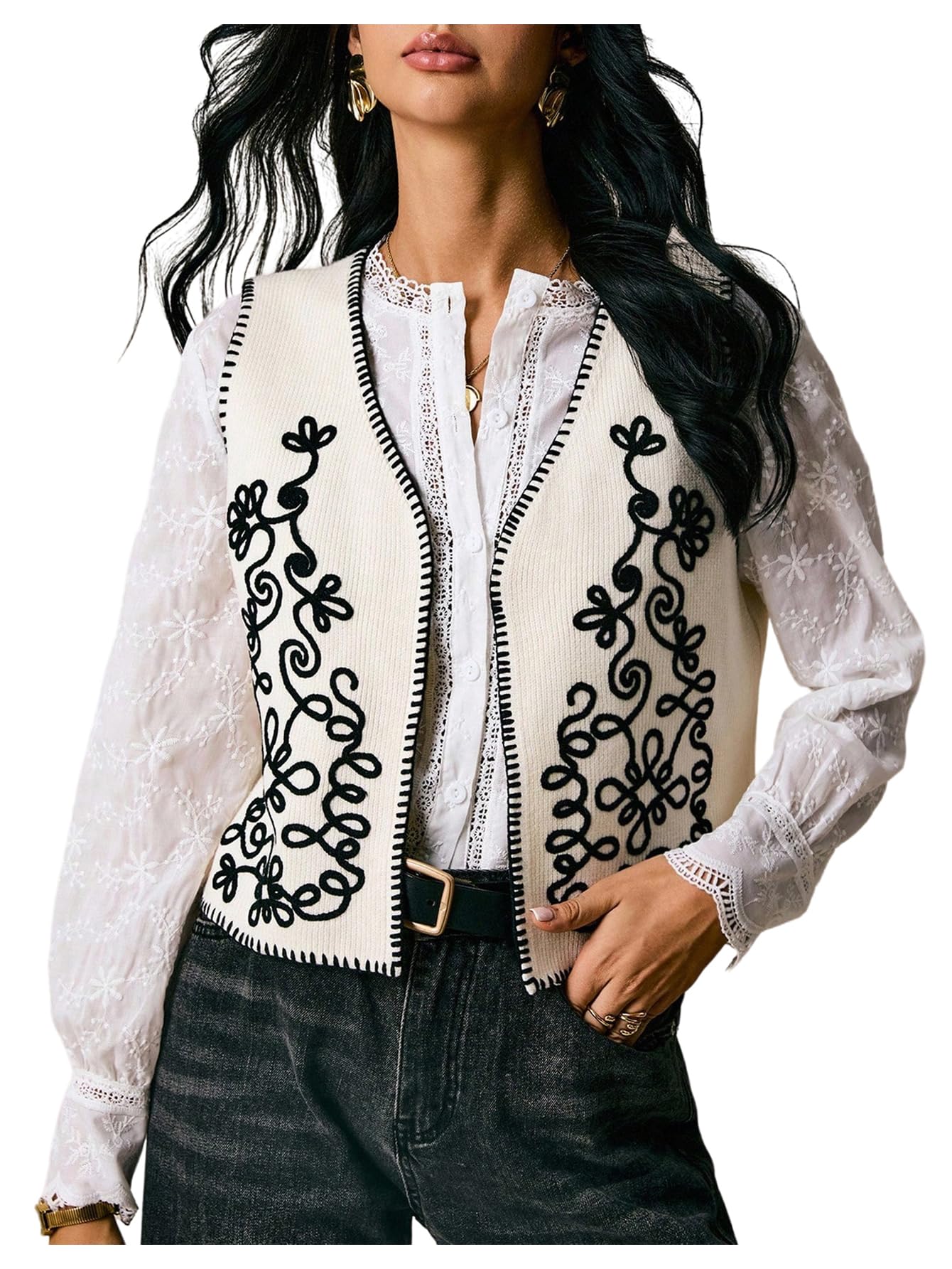 OYOANGLE Womens Floral Embroidery Open Front Vest Boho Western Sleeveless Waistcoat Outerwear