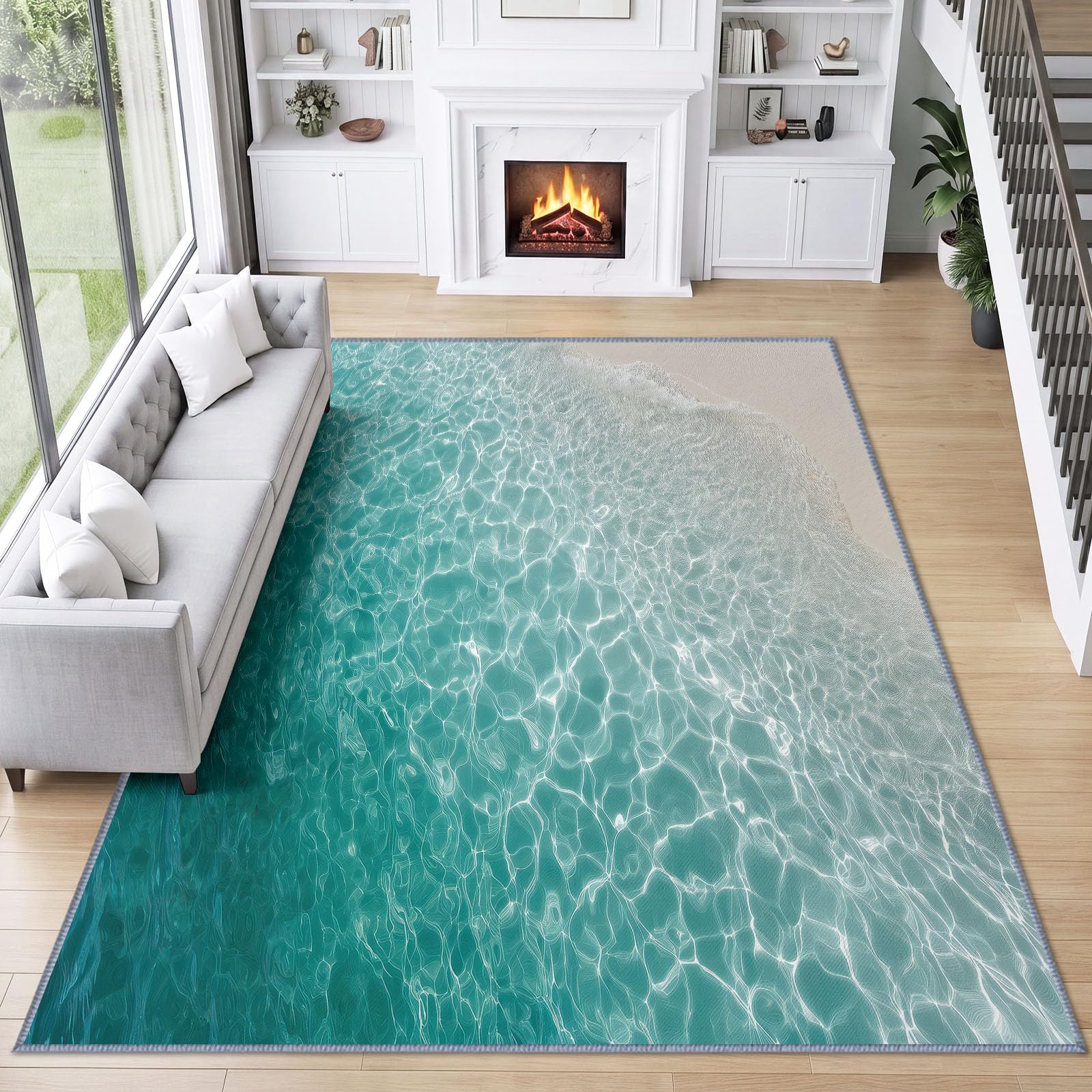 Générique Tapis de Salon 140 x 200 cm Paysage Naturel Lavable en Machine, Tapis Océan Vagues Ensoleillées Antidérapant Doux pour Salle à Manger Cuisine Bureau Couloir Décoration Intérieure