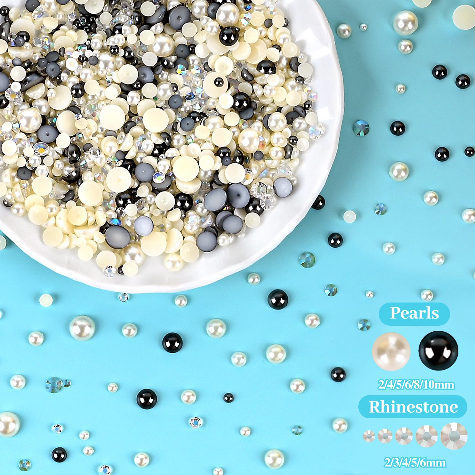 Strass Et Perles Résine - Lot De 10 000 Pièces Noir Et Blanc - Tailles 3 à 8 Mm - Inclus Stylo à Bijoux Et Pince - Pour Nail Art, Vêtements, DIY - 3