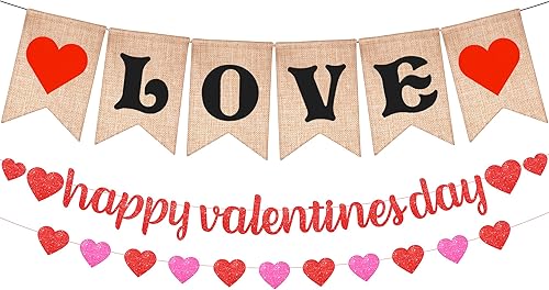 KatchOn, Cartel de feliz día de San Valentín con purpurina, 10 pies, sin bricolaje, pancarta de arpillera para decoraciones del día de San Valentín,