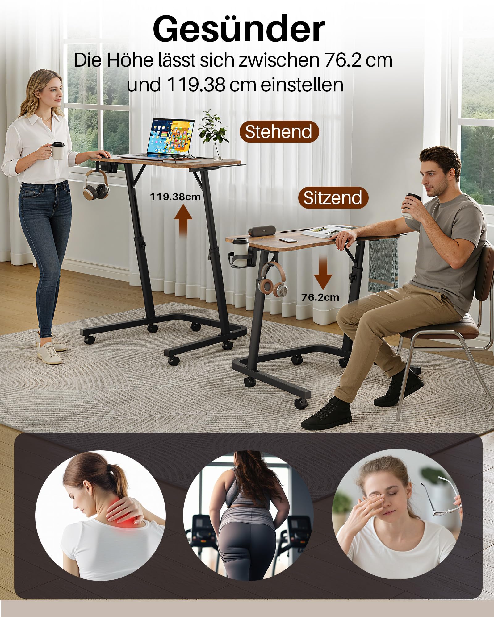Fahrrad Rollentrainer Tisch mit Höhenverstellung & Rollen,Nachttisch und Laptoptisch,Höhenverstellbarer beistelltisch für Indoor Cycling und laufband mit Getränkehalter & Haken
