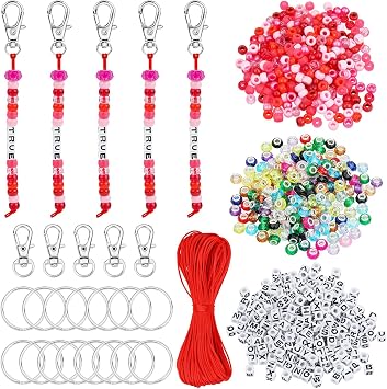 BEEFLYING 750 Pcs DIY Bead Keychain Kit Key Chain Making Crafts Letter Beads Strings Adjustable Alphabet Key Ring Jewelry Backpack Accessories Holiday Party Festival Favor Gift Red