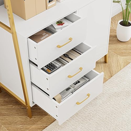 Miniatura 6 de HITHOS Estantería de 69 pulgadas de alto, estantería de 4 niveles de oro blanco con cajones de madera y estantes de escalera, gabinete de