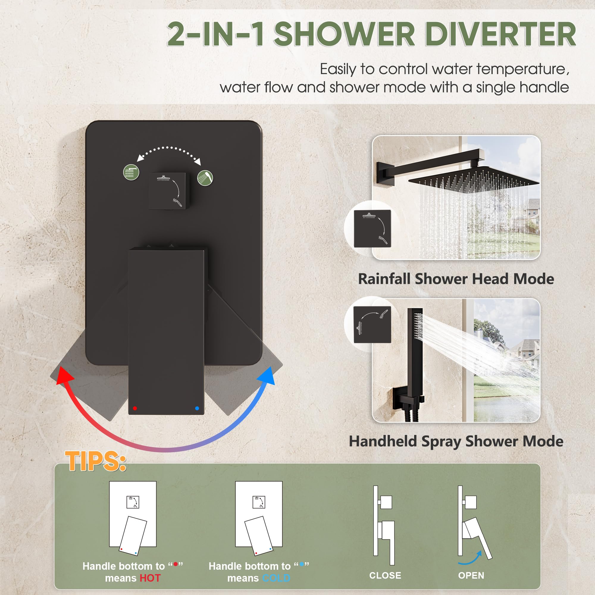 Sistema de ducha negro, juego de grifo de ducha montado en la pared con válvula, cabezal de ducha de lluvia de 10 pulgadas con rociador combinado de mano, manguera de ducha de 59 pulgadas de 6