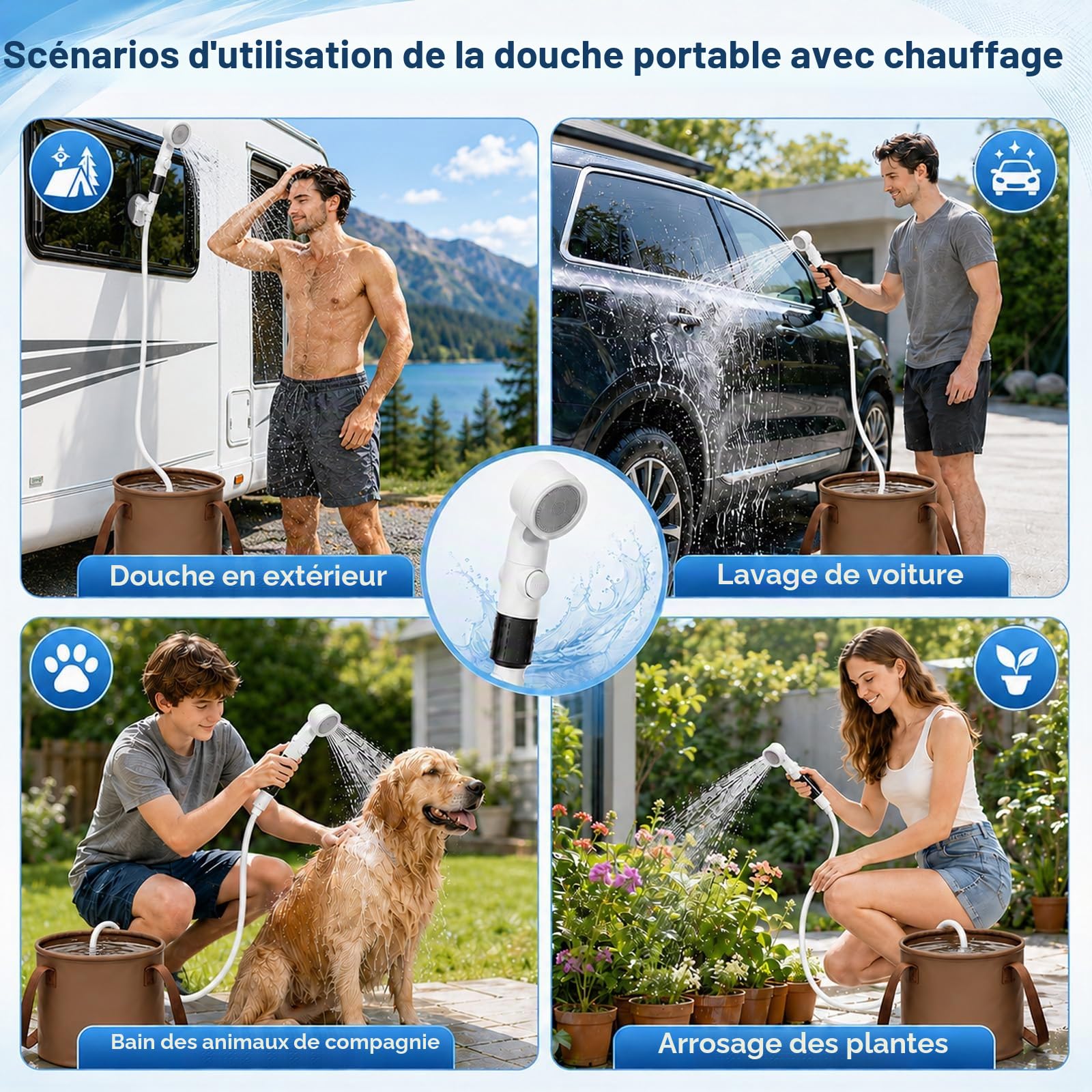 Douche de camping portable avec chauffage, seau de 20 l et chauffe-eau submersible, pompe de douche de camping rechargeable avec 5200 mAh, pommeau de douche 3 modes avec arrêt d'eau, douchette