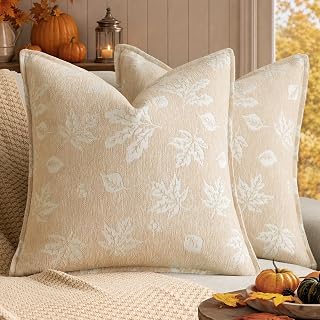 Foindtower Decorative Fall Chenille Throw Pillow Covers 18×18 Ivory White