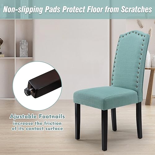 Miniatura 5 de LSSPAID Juego de 2 sillas de comedor Parsons tapizadas de tela con respaldo alto, silla de comedor con ribete de cabeza de clavo, color verde azulado