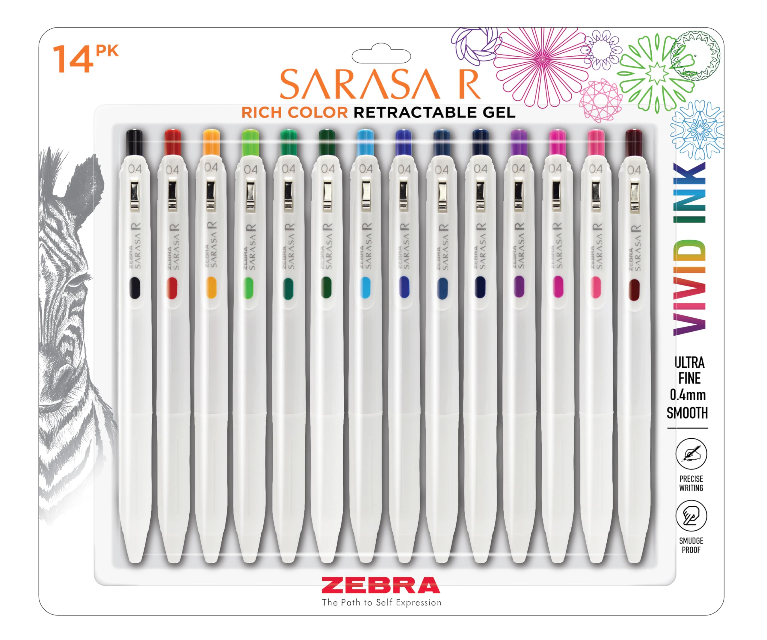 Zebra Pen Sarasa R Retractable Gel Pen, Extra Fine Point 0.4mm, School & Journaling Supplies, Rubber Grip, Binder Clip, Assorted Water-Resistant Ink, 14-Pack (47714) Assorted B