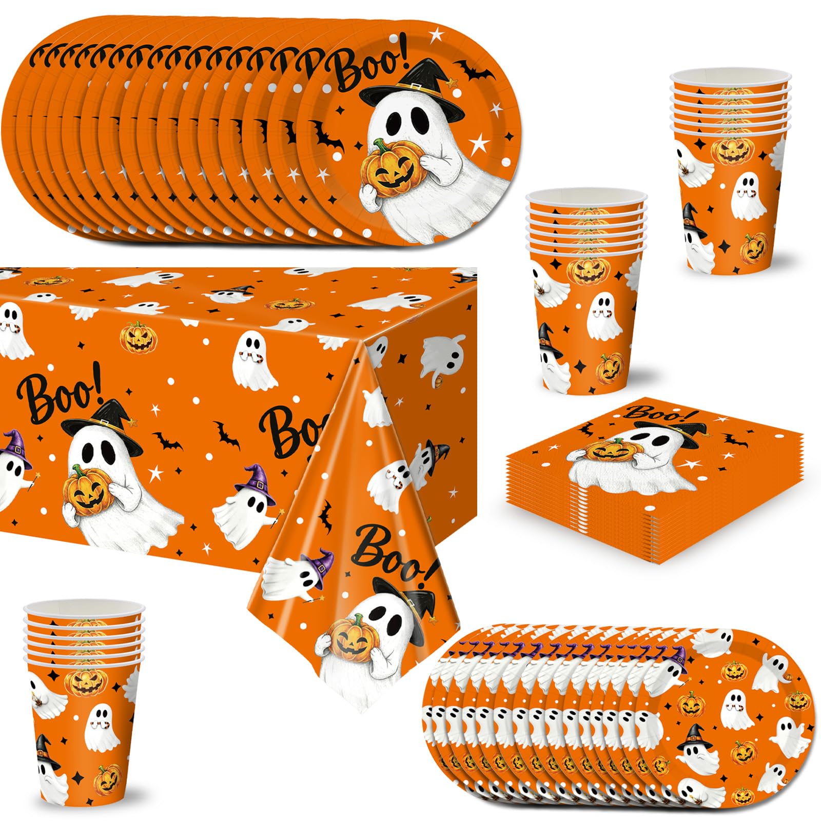 69pcs Halloween Party Tableware Ghost Pumpkin Disposable Dinnerware Set,Orange Halloween Tableware Decor Plastic Tablecloth,Paper Plates Napkins and Cups for 16Guest Halloweens Party Table Decorations