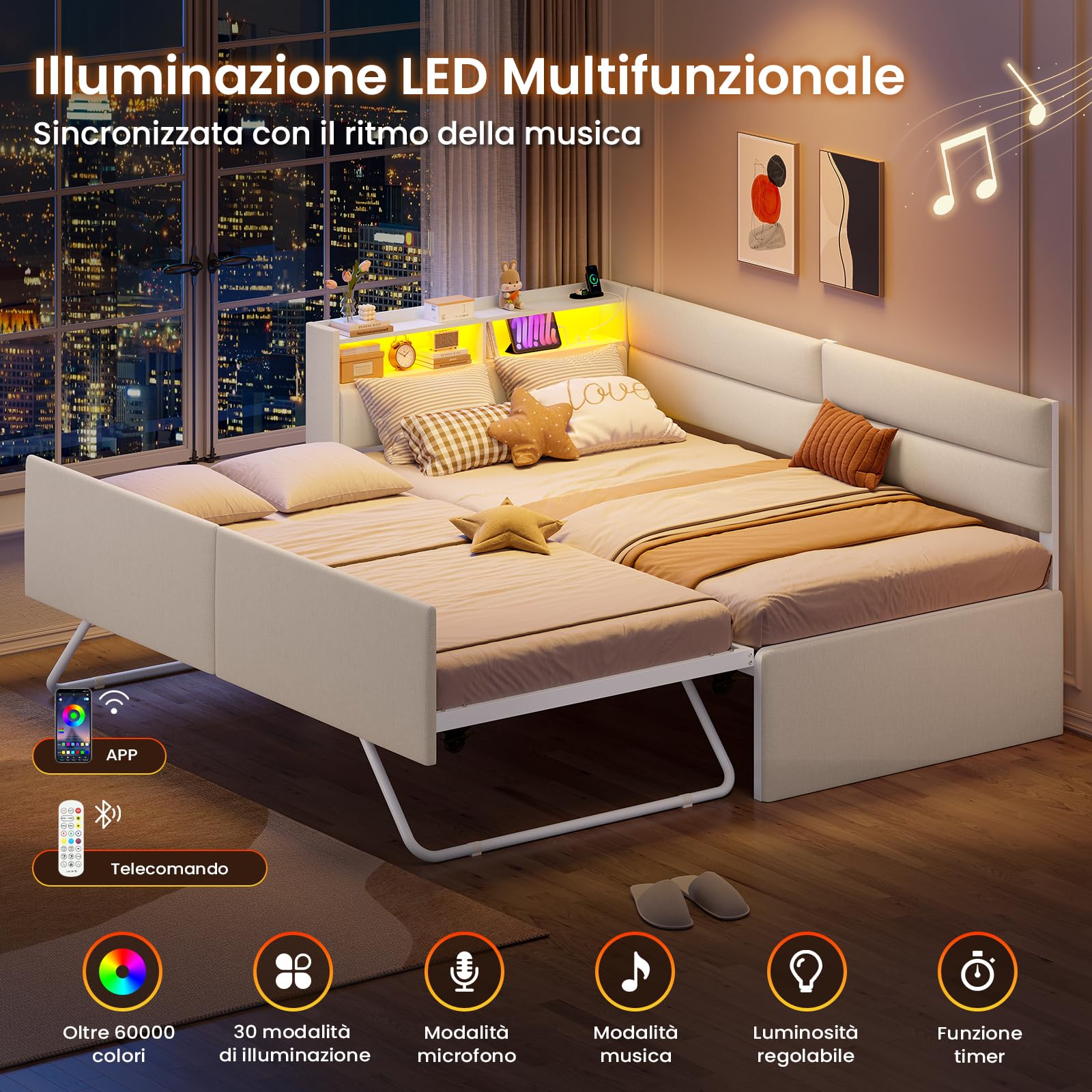 AOGLLATI Divano Letto 2 Posti 90/180x200 cm, Letto Estraibile con Illuminazione a LED Regolabile e Stazione di Ricarica, Divano Letto Matrimoniale con Tapizado Integral e Ripiani Aperti, Beige