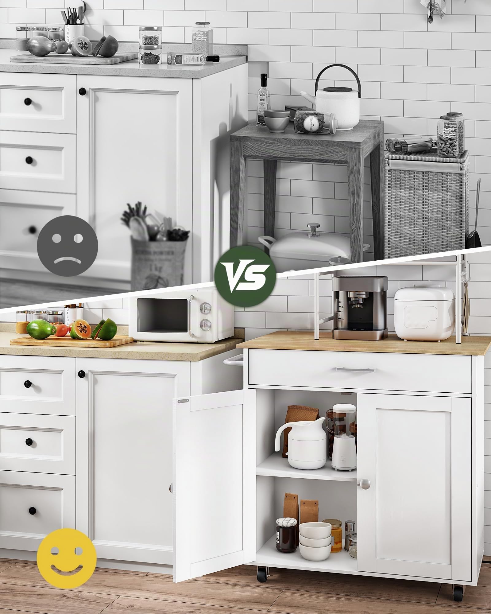 CHOEZON DMZD01WN - Isla de cocina con compartimento de almacenamiento, con ruedas y carros de cocina con superficie de trabajo, puerta doble, mesa extraíble, mueble, color blanco natural