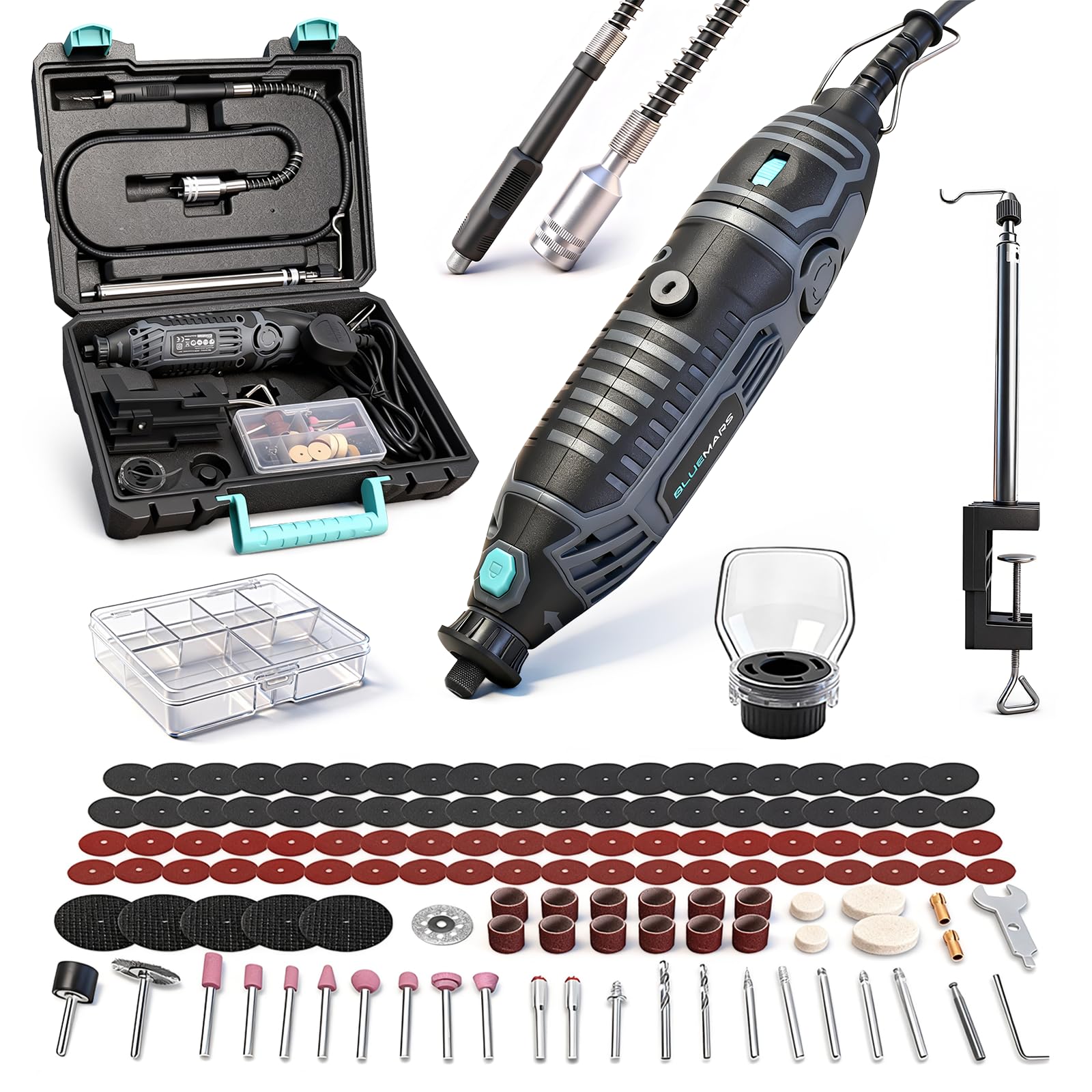 Bluemars 200W Rotary Multi Tool Sets,6 Variable Speed, 129 Pieces Accessories Included, Keyless Chuck and Flex Shaft, Grinder, Drilling, Engraving, Cutting, Polishing for Craft Projects and DIY
