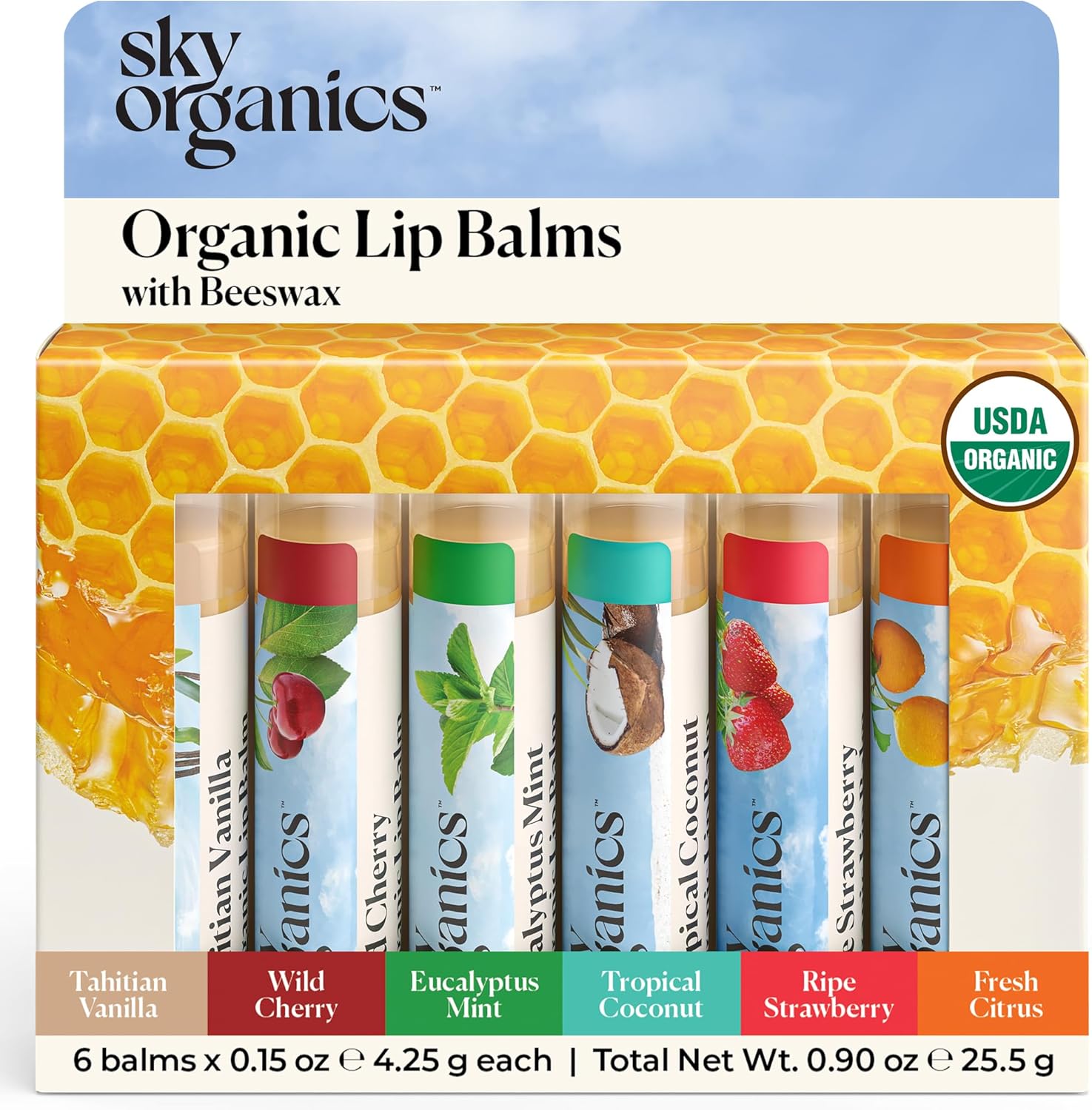 Biologische lippenbalsem, USDA-gecertificeerde biologische lippenbalsem, 6 verschillende smaken, hydraterende lippenverzorging voor droge lippen, kalmeert en verzorgt