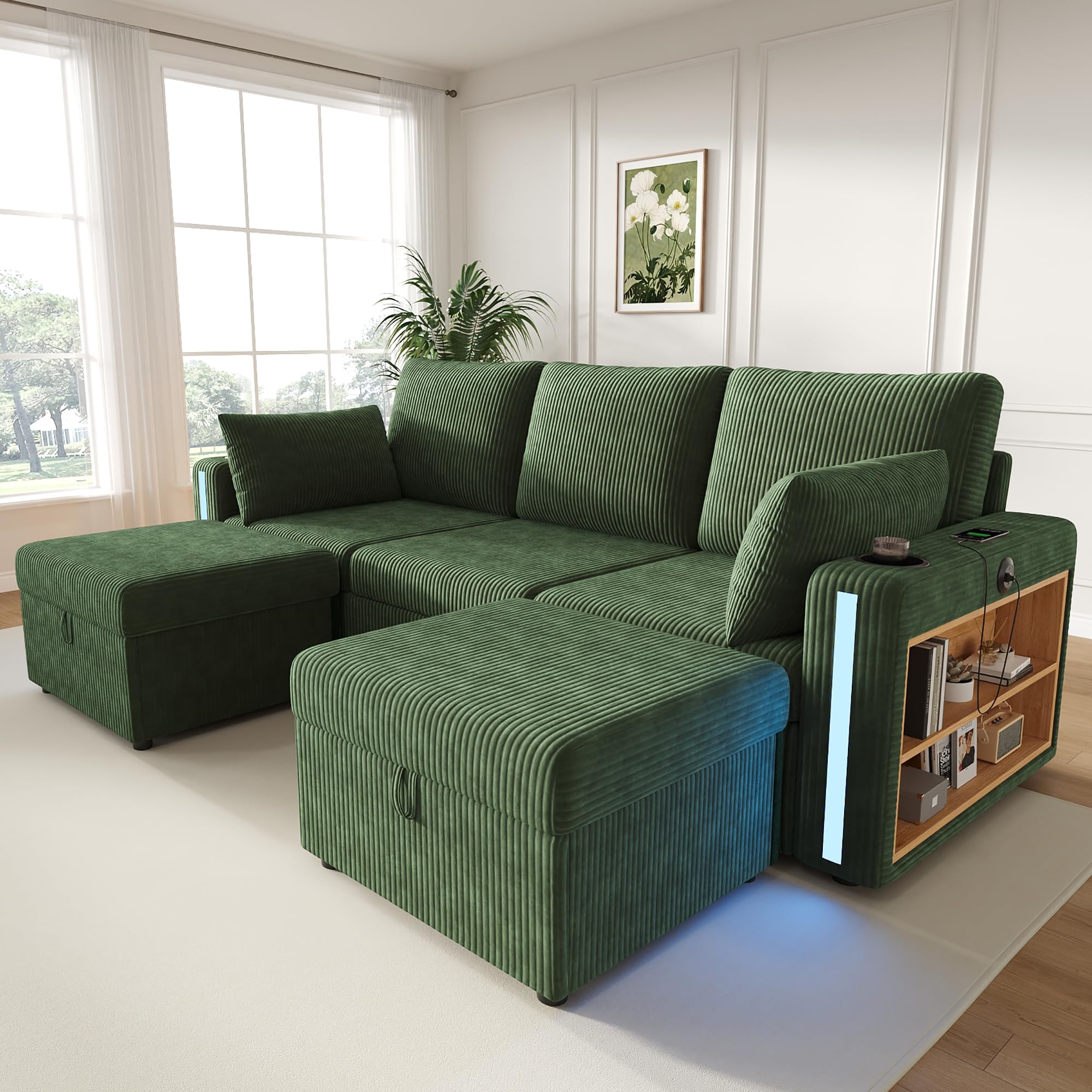 Modulare U-/L-Wohnlandschaft mit Stauraumhockern LED USB Grün