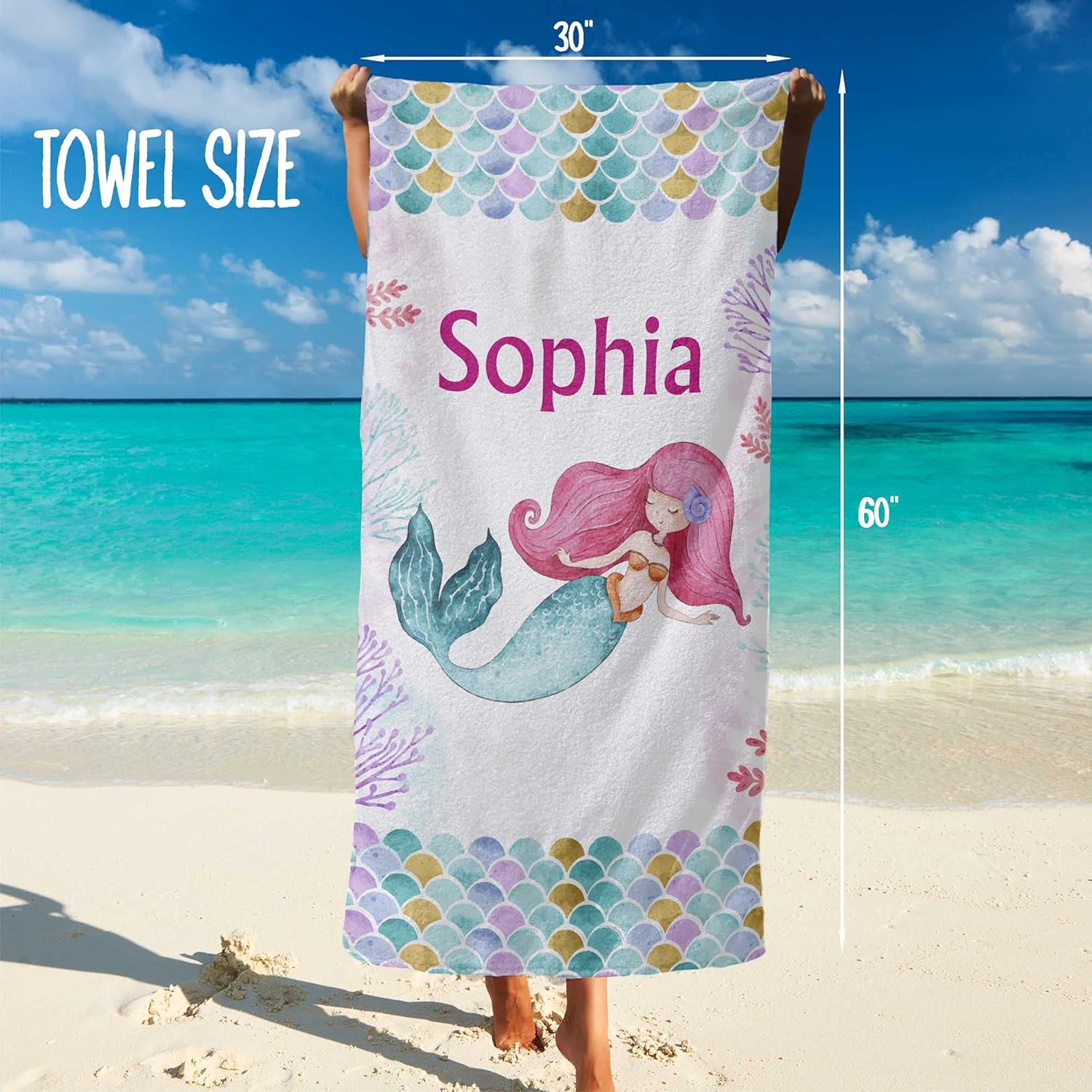 Custom Mermaid Towels for Girls - Personalized Ocean Theme Swim Towels, Sand-Free, 30x60, Perfect for Kids & Teens