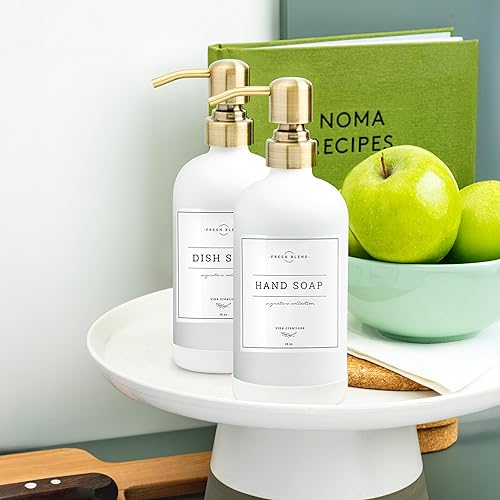 Miniatura 6 de Vine Creations Dispensador de jabón de vidrio blanco, juego de 2 dispensadores de jabón de cocina con bomba de acero inoxidable, dispensador de