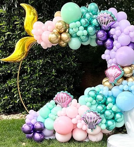 Miniatura 7 de Kit de arco de globos de sirena rosa y morado, suministros de fiesta con arco de cola de sirena y globos de estrella de papel de aluminio para