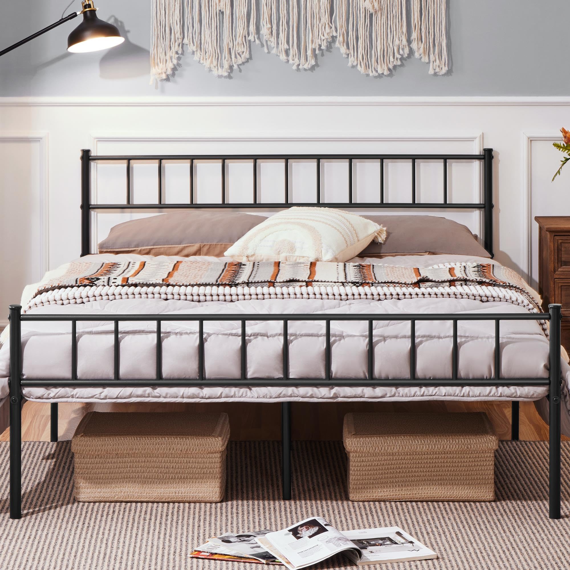 Yaheetech Metallbett 160 x 200 cm Bettrahmen mit Kopfteil Bettgestell aus Metall Gästebett mit Lattenrost für Schlafzimmer Gästezimmer Schwarz