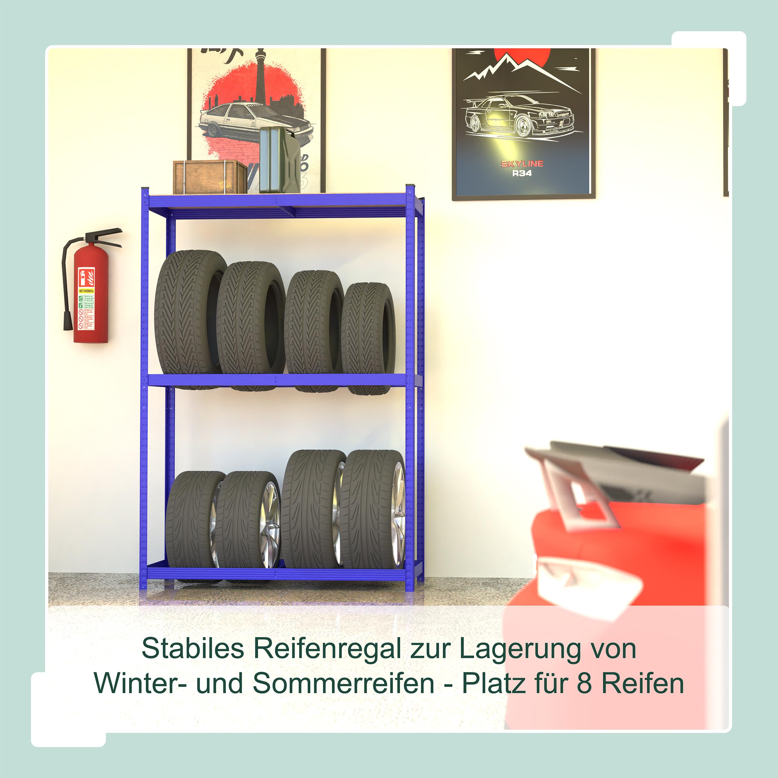 Relaxdays Reifenregal für 8 Reifen, HxBxT: 180 x 120 x 40 cm, 795 kg, Stahl, Stecksystem, Räderregal mit Ablage, blau