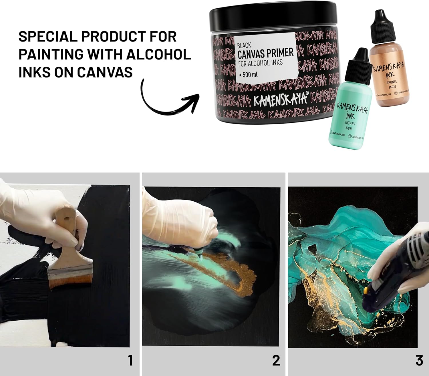 KAMENSKAYA Black Acrylic Gesso Primer for Alcohol Ink Painting on Canvases,16.9 fl oz (500 ml)