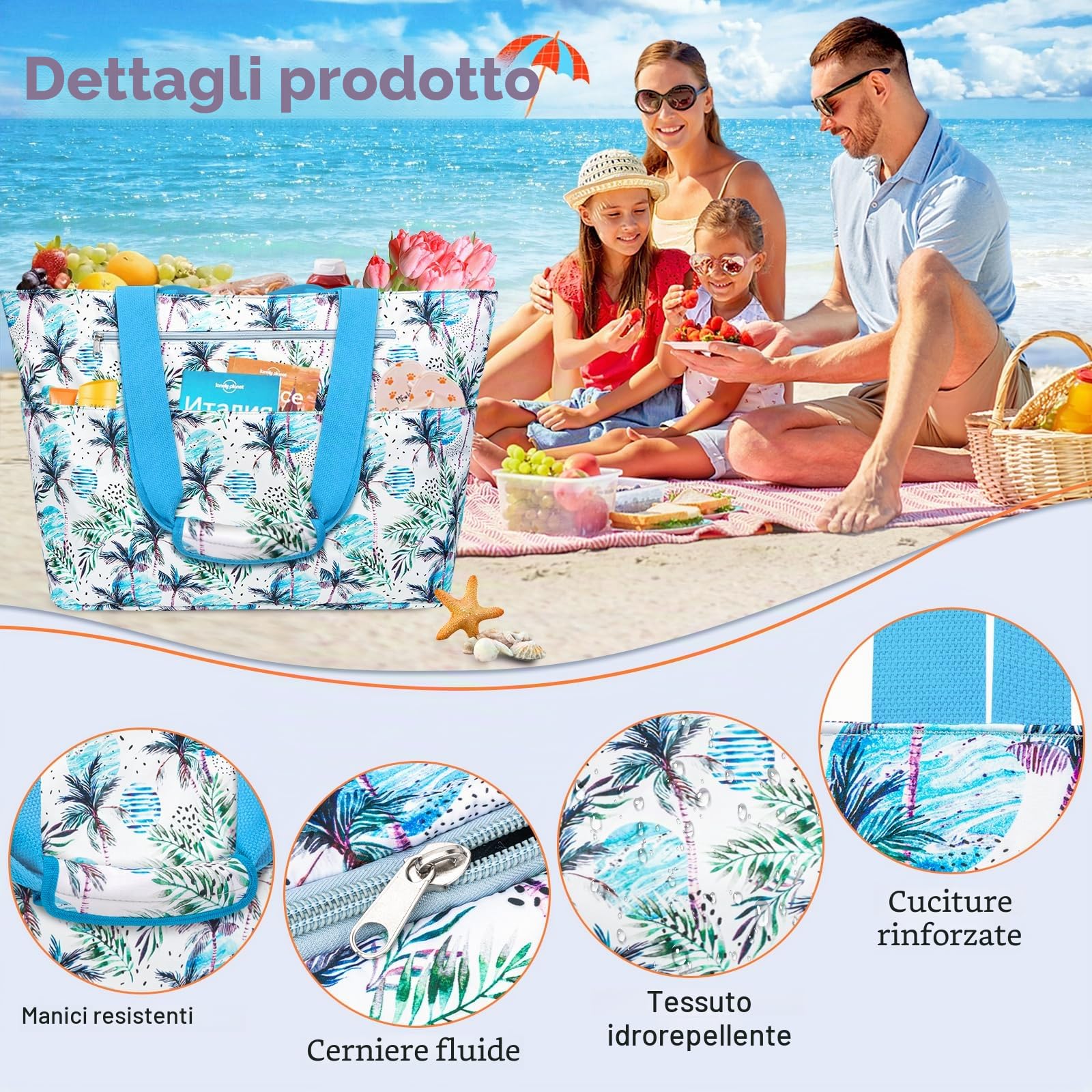 Borsa Mare Donna Grande XXL Famiglia 50L Impermeabile Borsa da Spiaggia con Cerniera Borse Mare Uomo Pieghevole Beach Tote Bag con 14 Taschen per Viaggio Shopping Picnic (Blu Foglie)