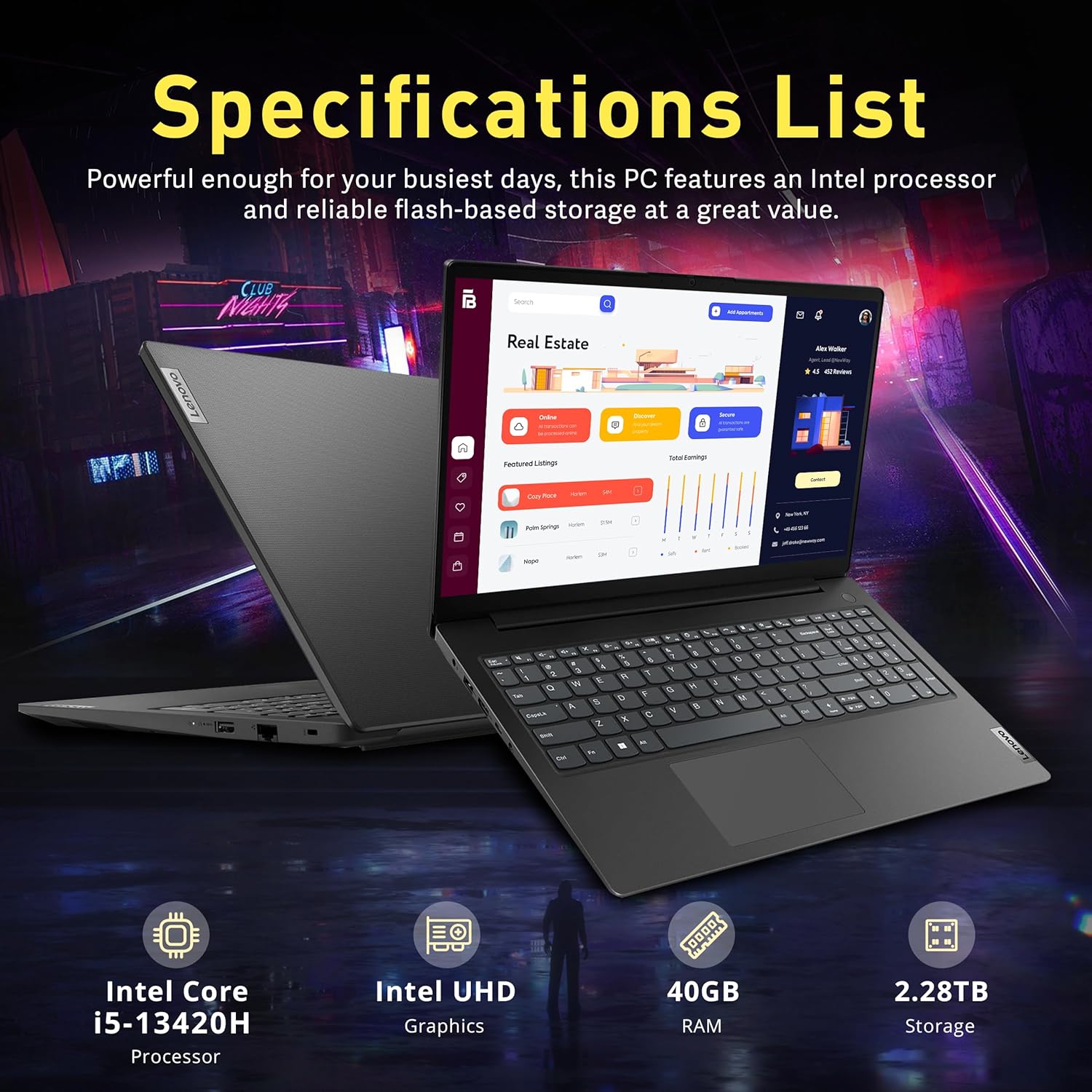 Lenovo V15 Gen 4 15.6" FHD Business Laptop, Intel i5-13420H, 40GB RAM, 2.28TB Storage (2TB SSD+288GB Docking Station Set), Intel UHD Graphics, Webcam, Num Pad, Wi-Fi 5, Bluetooth, Win 11 Pro, Black - Image 3