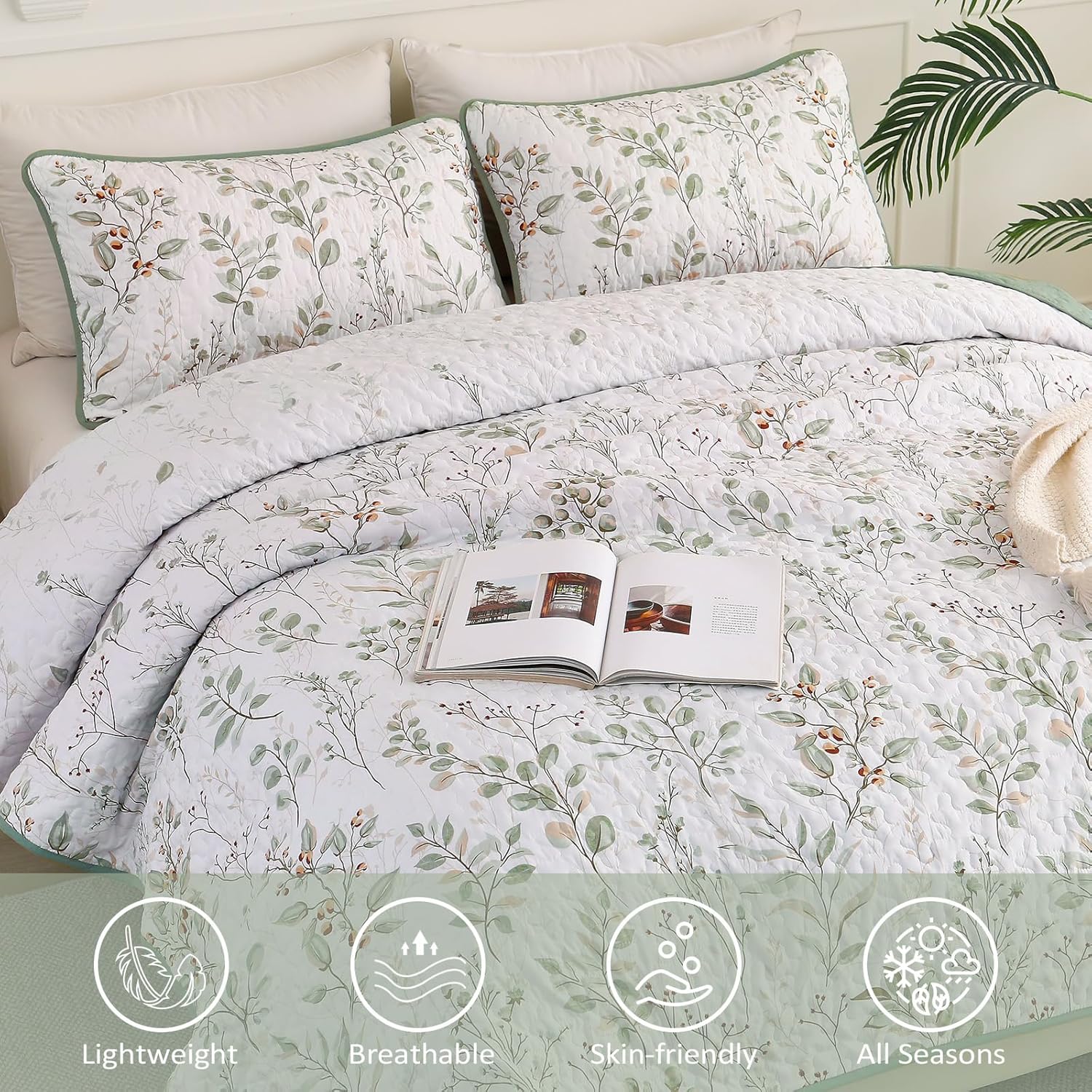 Anibedding Queen Size Quilt Sets Green Floral Pattern Quilt Bedding Set, 3 Pieces Botanical Quilt Soft Microfiber Bed Coverlet for All Season(96" x 90") - Image 6