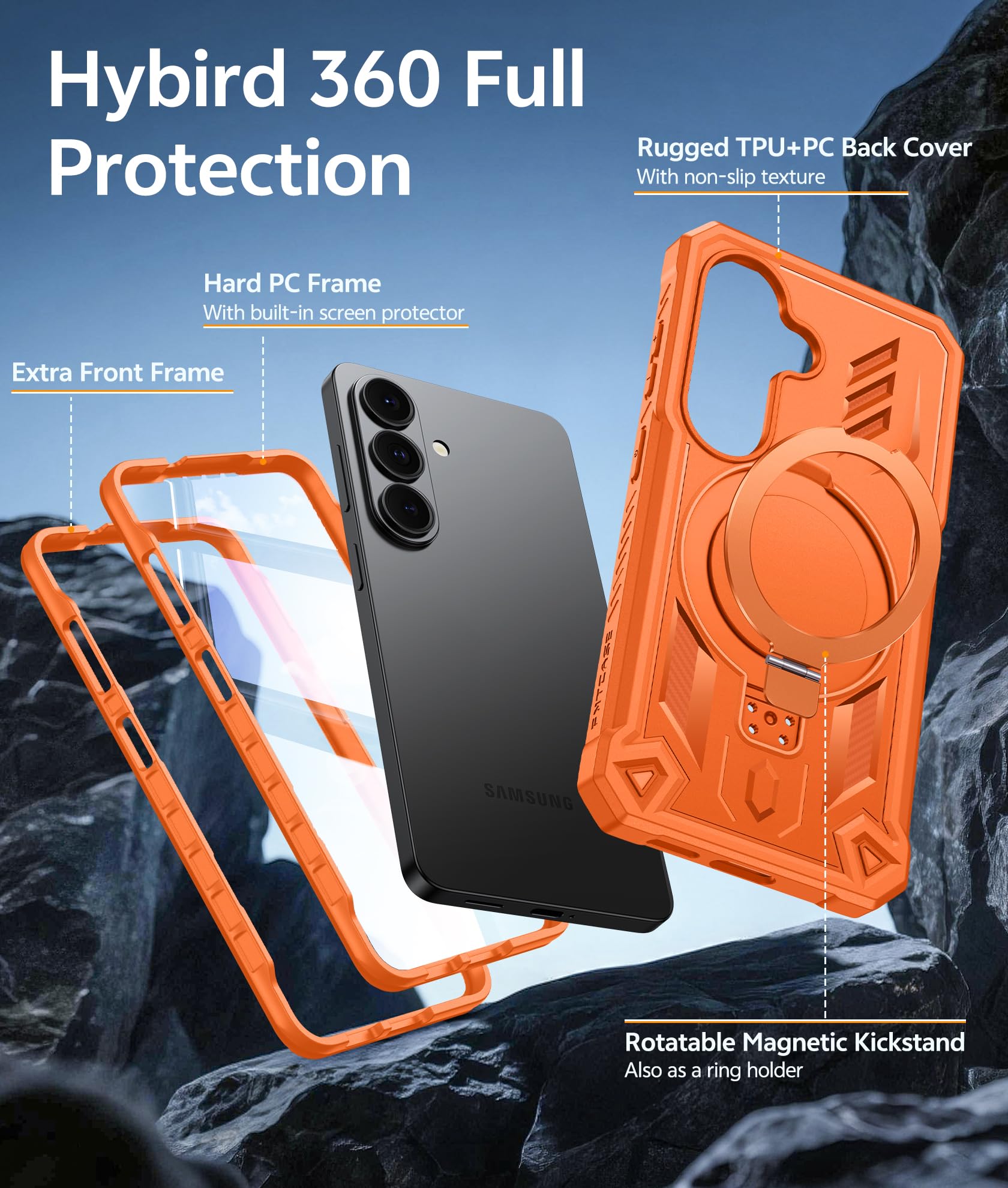 FNTCASE Funda para Samsung Galaxy S26 con 2 marcos frontales | Soporte de anillo magnético, protector de pantalla integrado, protección de grado militar resistente