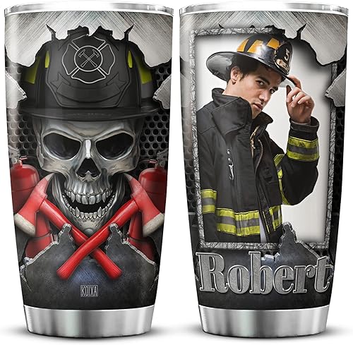KOIXA Vaso de calavera personalizado regalos de bomberos para hombres de esposa, tazas de café de acero inoxidable de 20 onzas, cosas temáticas de