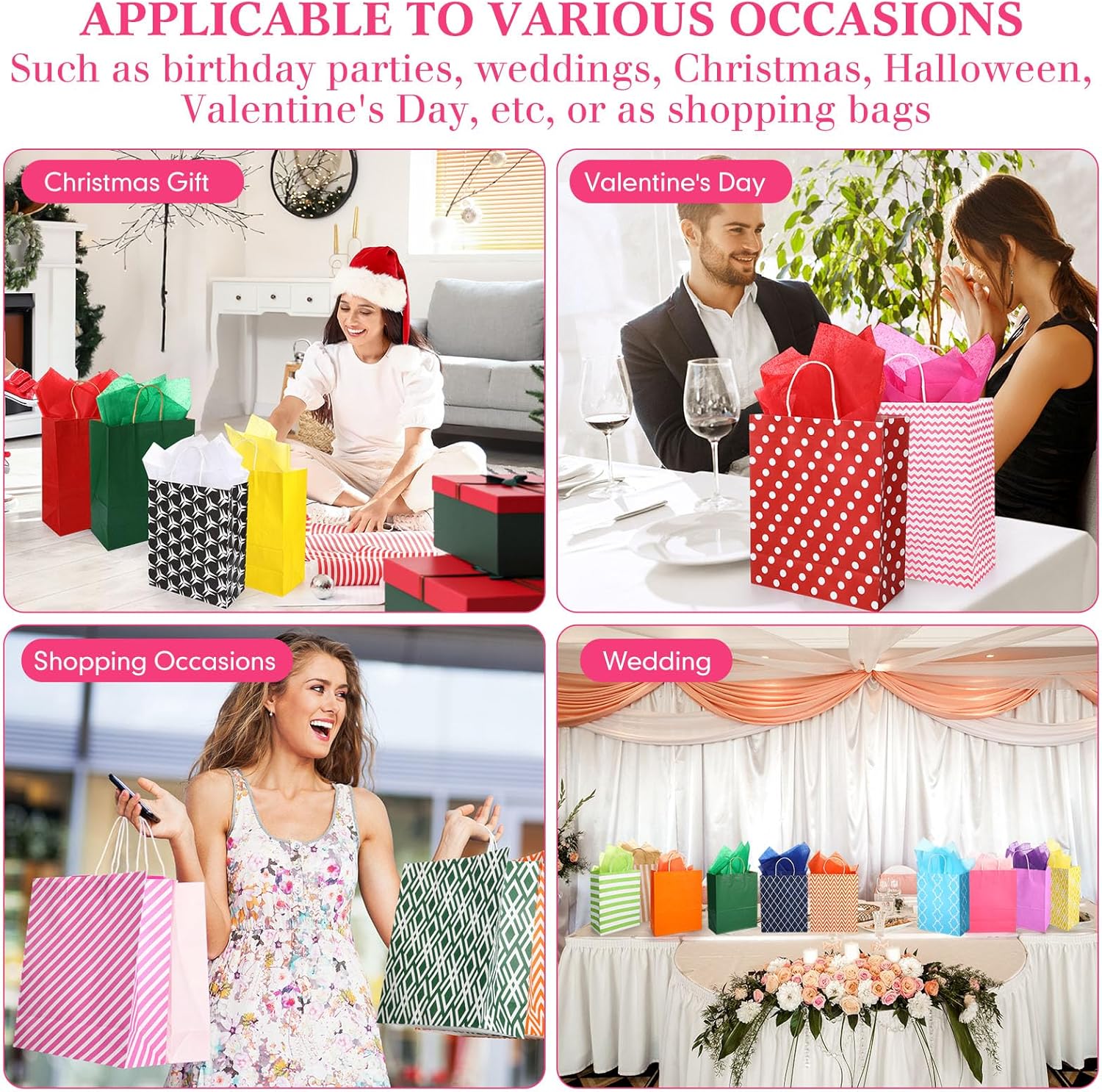 Kolldenn 24 Pcs Birthday Gift Paper Bags with 48 Tissues Papers 12" Large Assorted Gift Bags Bulk with Handles for Valentine Birthday Shopping