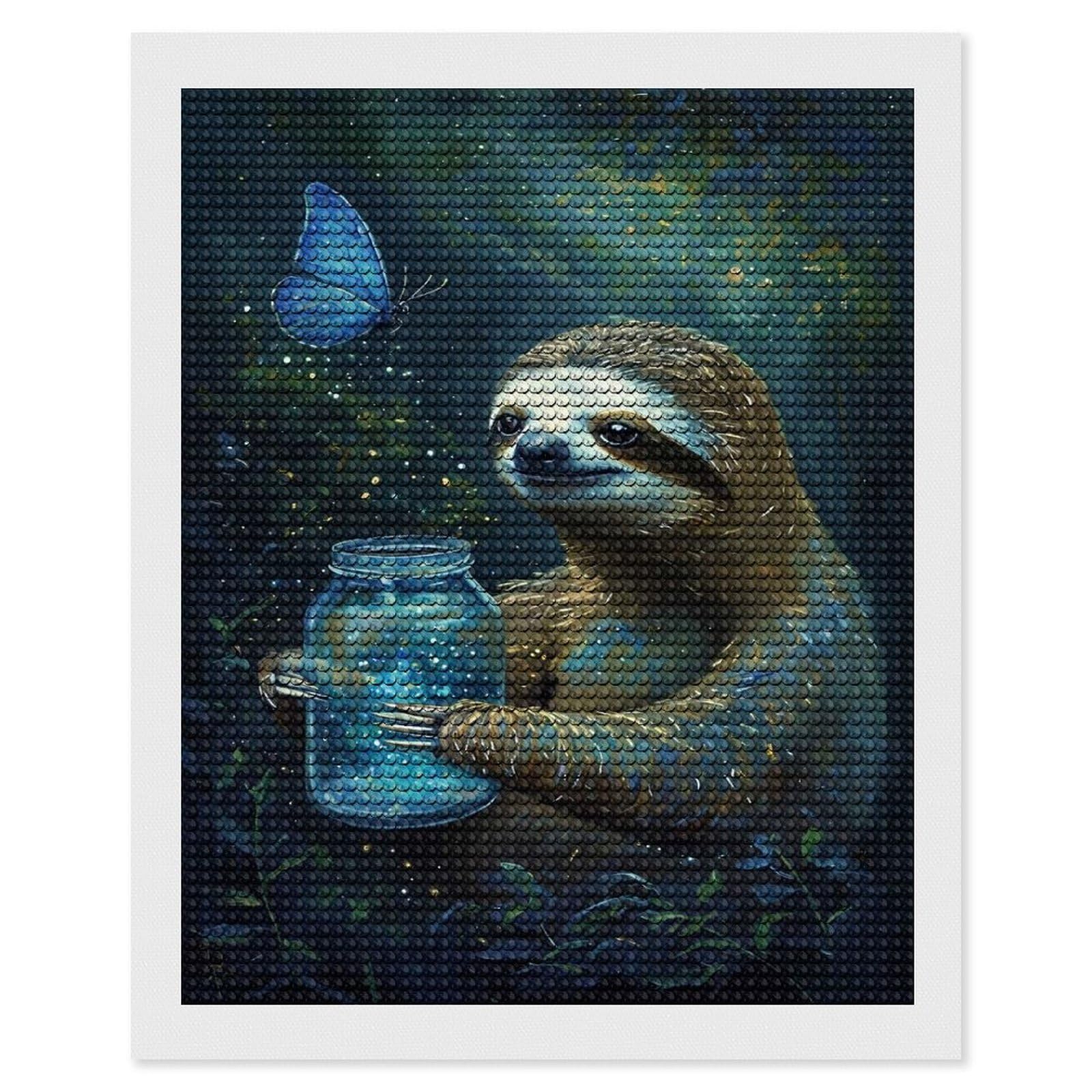 Junmoney Sloth with Firefly Jar Full Drill Diamond Painting Kit 16"x20", Adhesive Canvas, Aesthetic Room Decor, for Family Craft Time, Birthday Gift