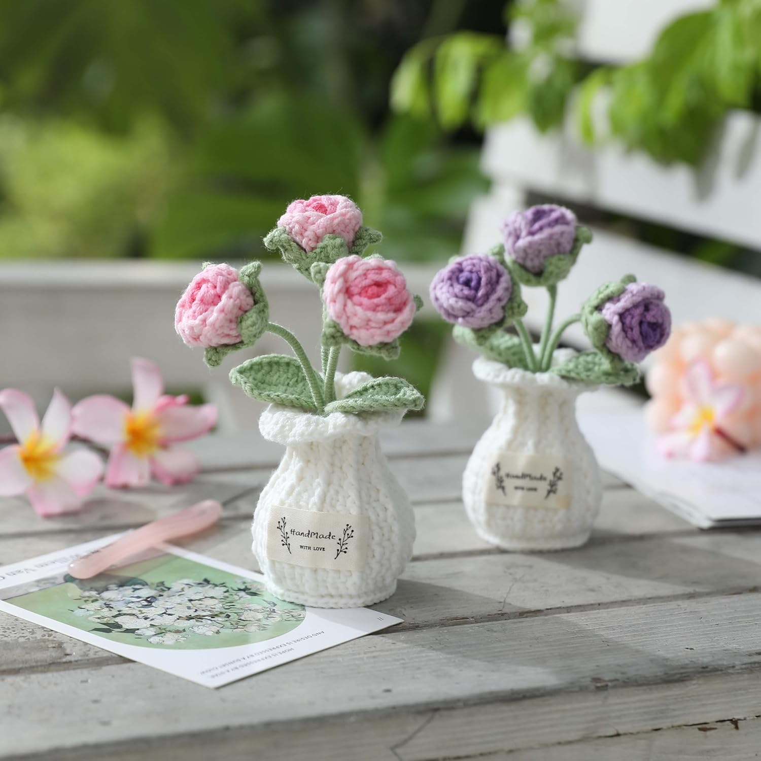 Crochet Rose Flower Potted Plant – Pink, Valentines Day Gift for Her, Handmade Knitted Romantic Desk Decor - Image 3