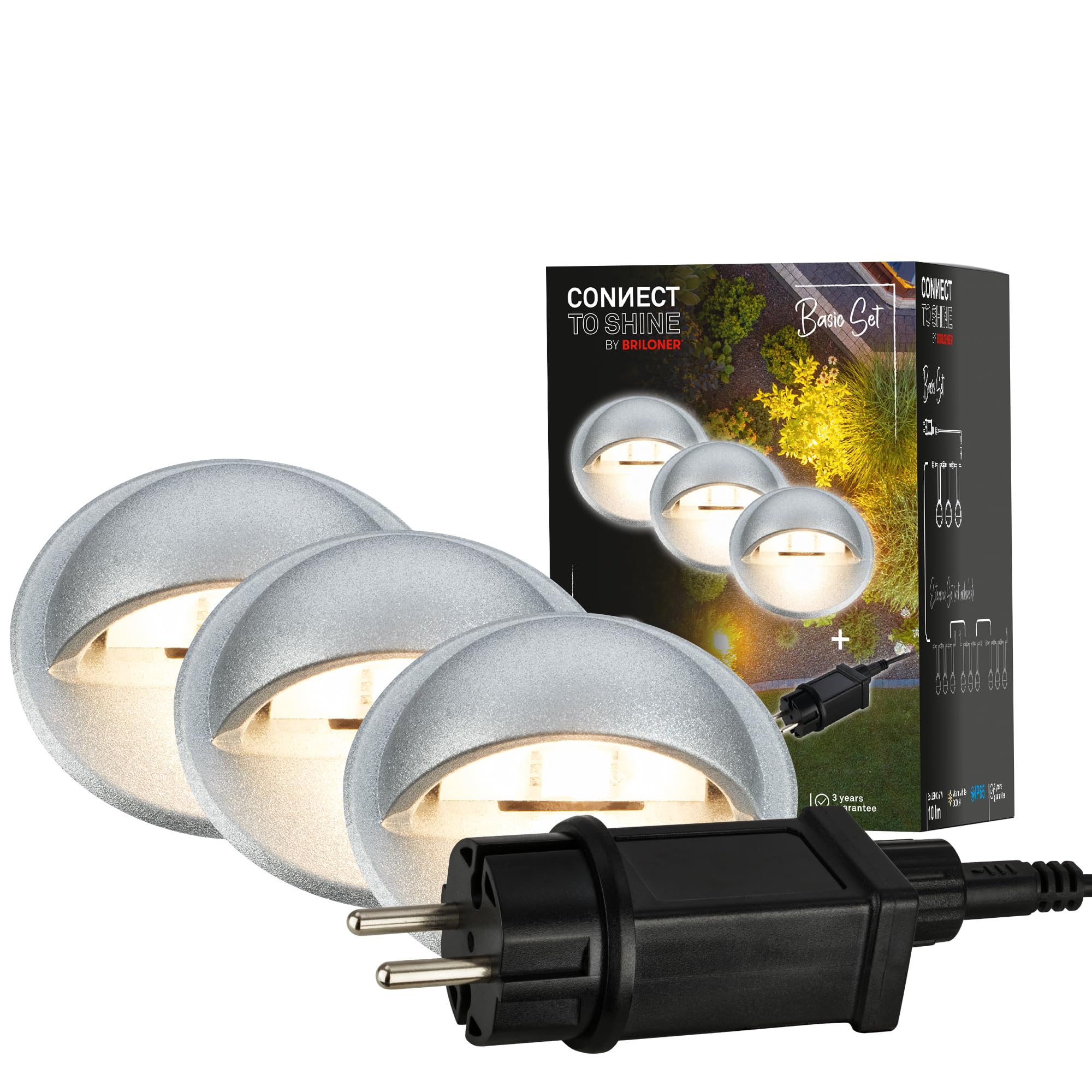 BRILONER - Connect to Shine 12V Gartensystem 3er Set Bodeneinbaustrahler mit Seitenlicht, Basisset mit Trafo, IP65, warmweißes Licht, Gartenbeleuchtung, Bodeneinbauleuchten, 35x36 mm, Silberfarbig