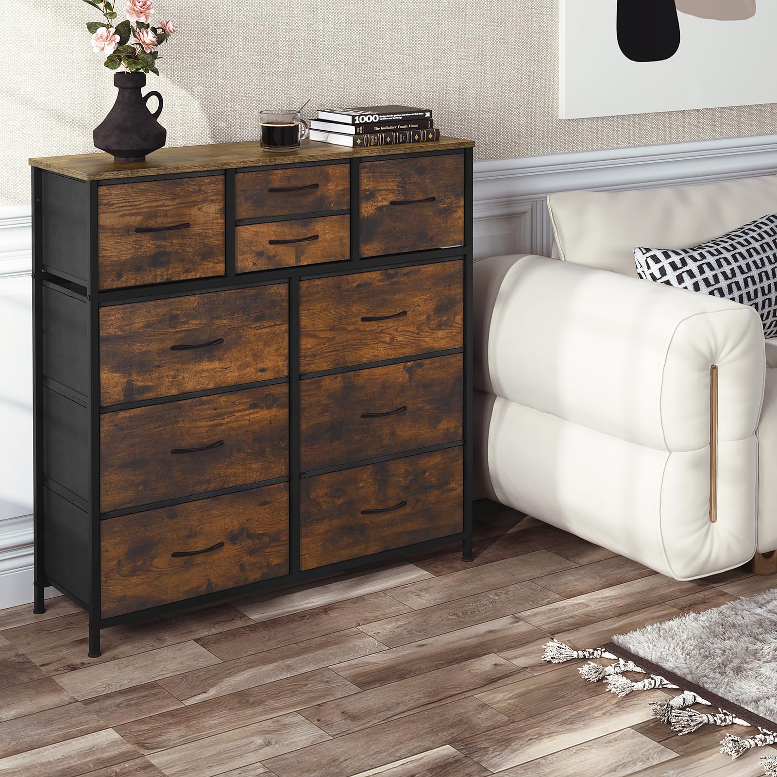 WOLTU Commode, Meuble de Rangement, avec 10 Tiroirs en Tissu, Commode Rangement pour Chambre, Salon, Entrée, Cadre en Métal, Marron Rustique et Noir, SSK009shm