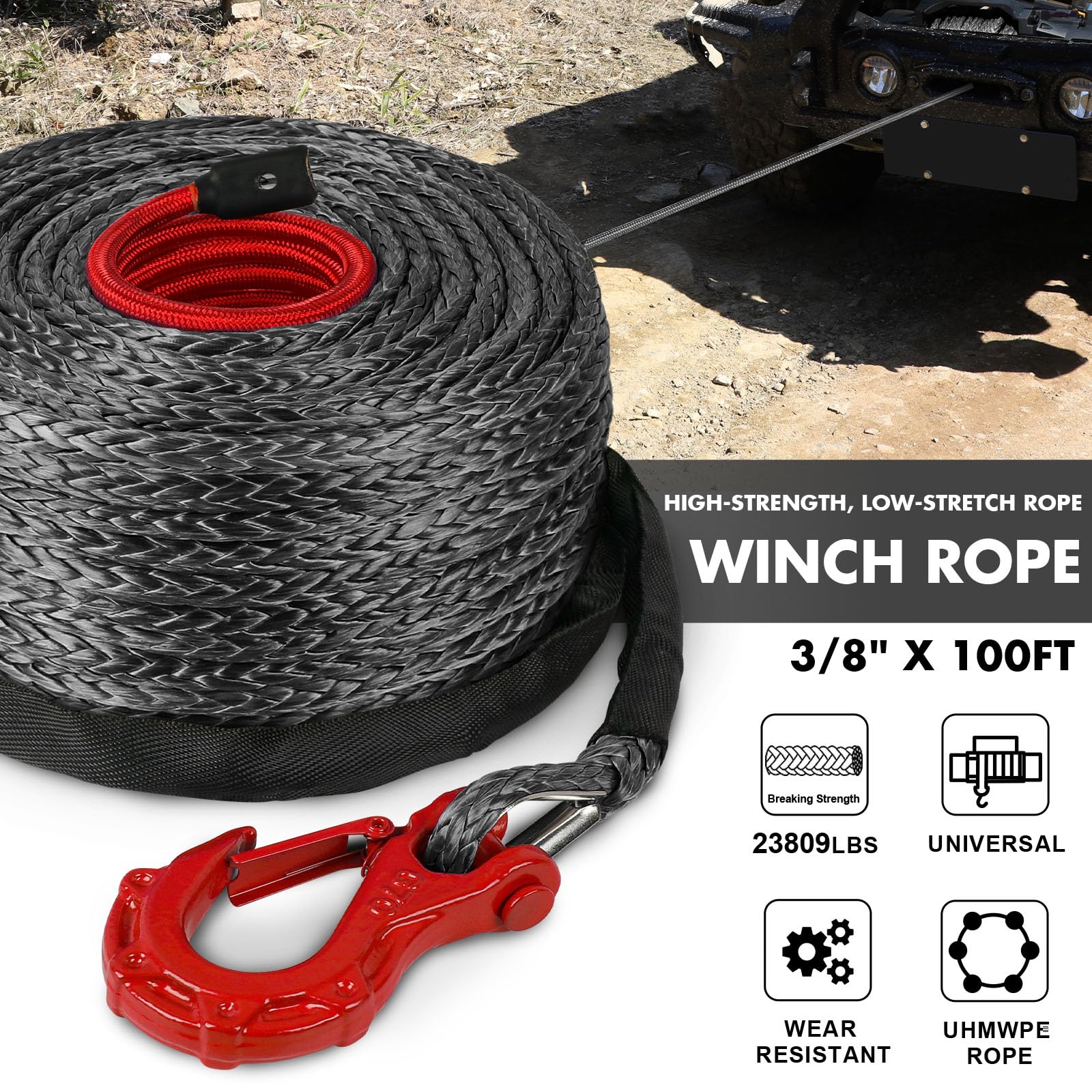 Snapklik.com : STEGODON Synthetic Winch Rope, 3/8" X100ft 23809LBS ...