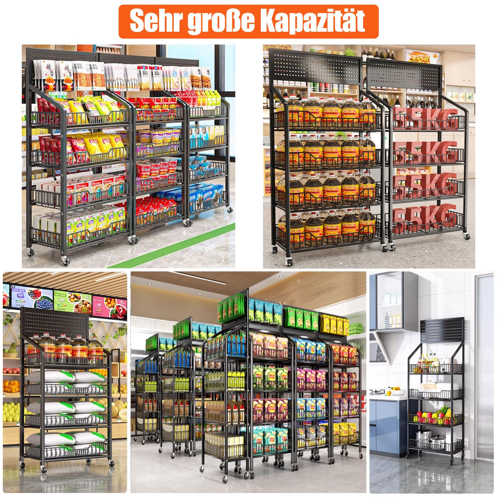 5-stufiger Supermarkt Verkaufsregal, freistehende Schwarze Einzelhandels-Ausstellungsregale mit 12 Haken und 4 Rädern, großes Snackregal aus Metall für Ladengeschäfte
