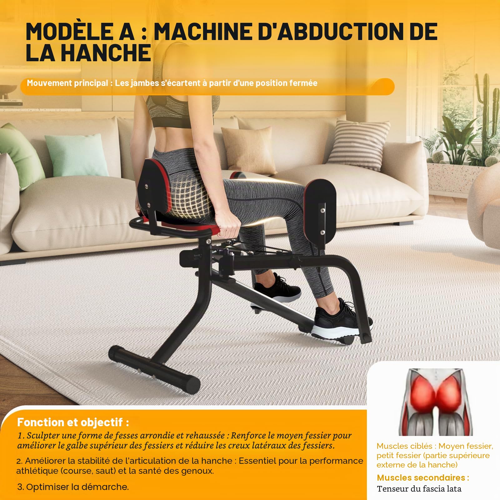 Machine à Abduction pour la Maison, Appareil de Musculation Fessier avec Bandes de Résistance, Compacte pour Sculpturer Les Cuisses et Les Fesses, Résistance Ajustable, pour Femme et Homme