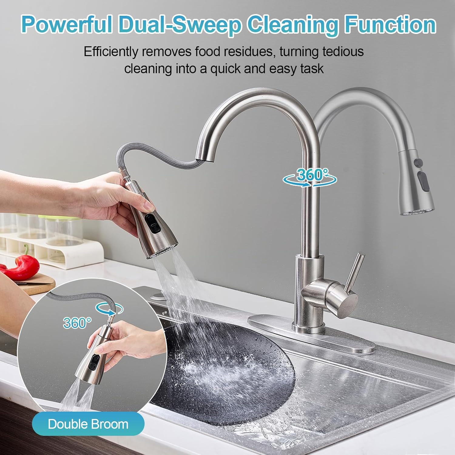 Kitchen Faucets with Pull Down Sprayer, 3 Function Sprayer, Brushed Nickel Stainless Steel Single Handle High Arc Sink Faucet for RV, Bar, Farmhouse, Laundry, Outdoor - Image 5